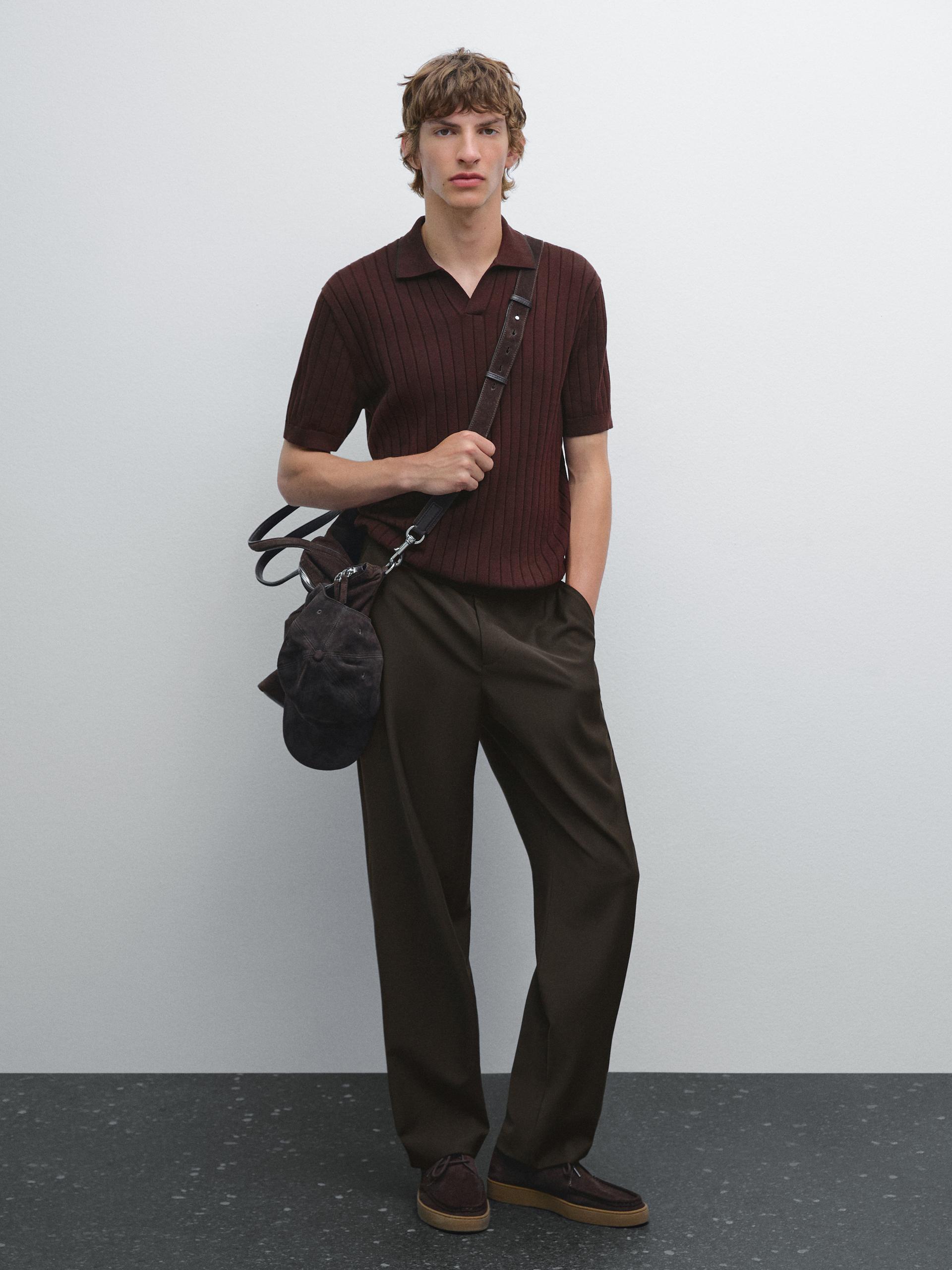 Ribbed Polo Shirt - Grenat - M - Massimo Dutti - Homme