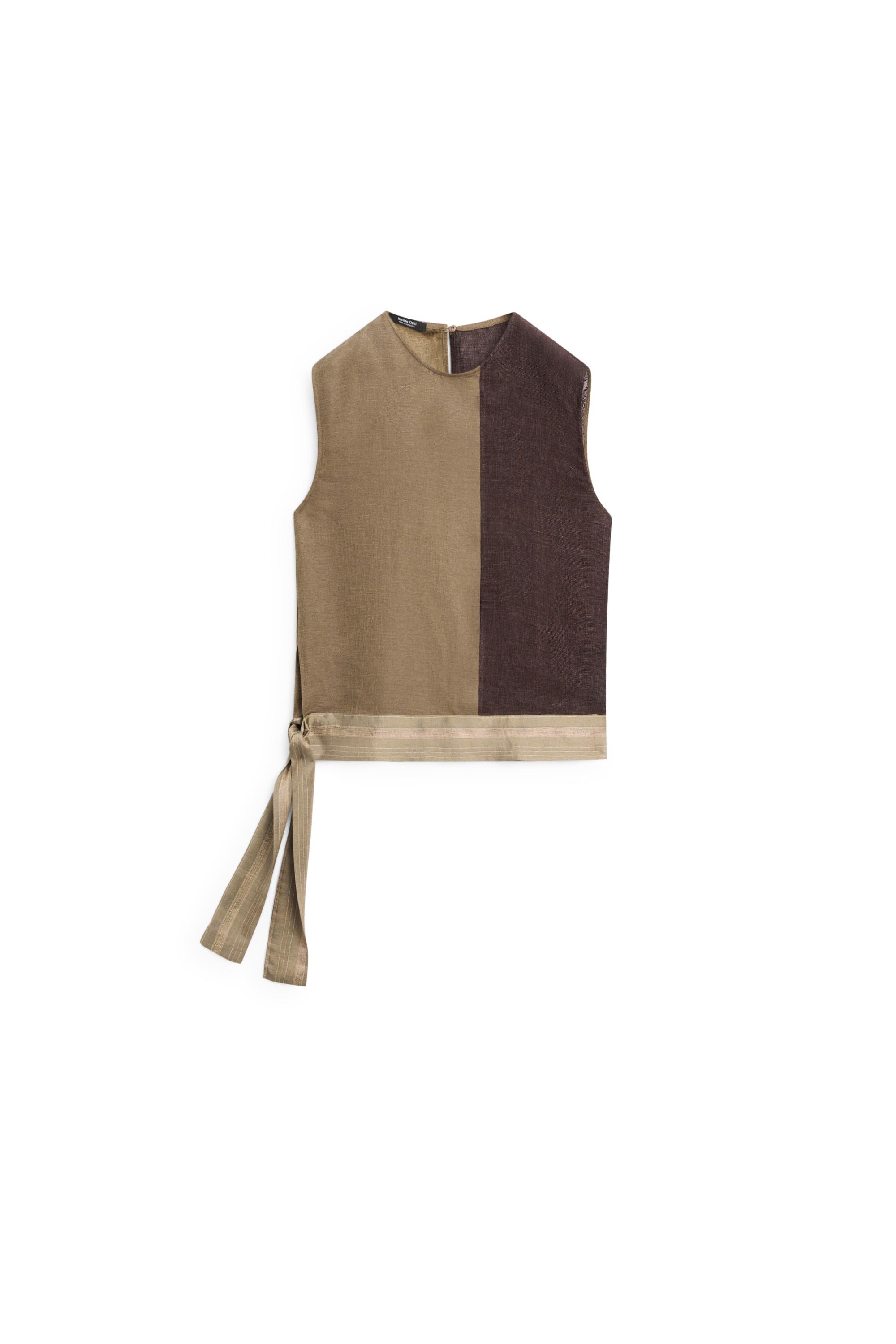 Linen-blend color-block flowing top — BROWN