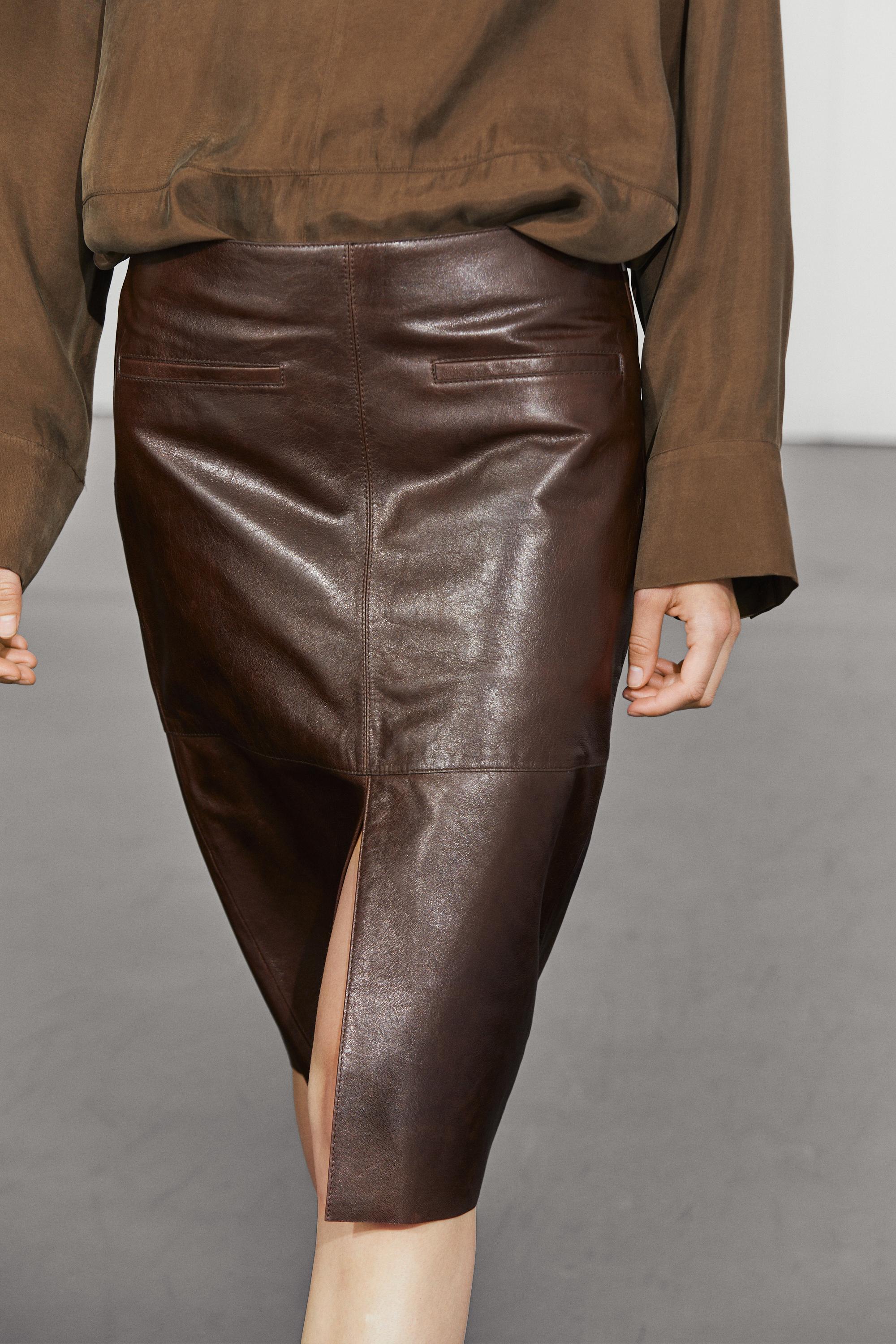 Leather midi skirt with pockets