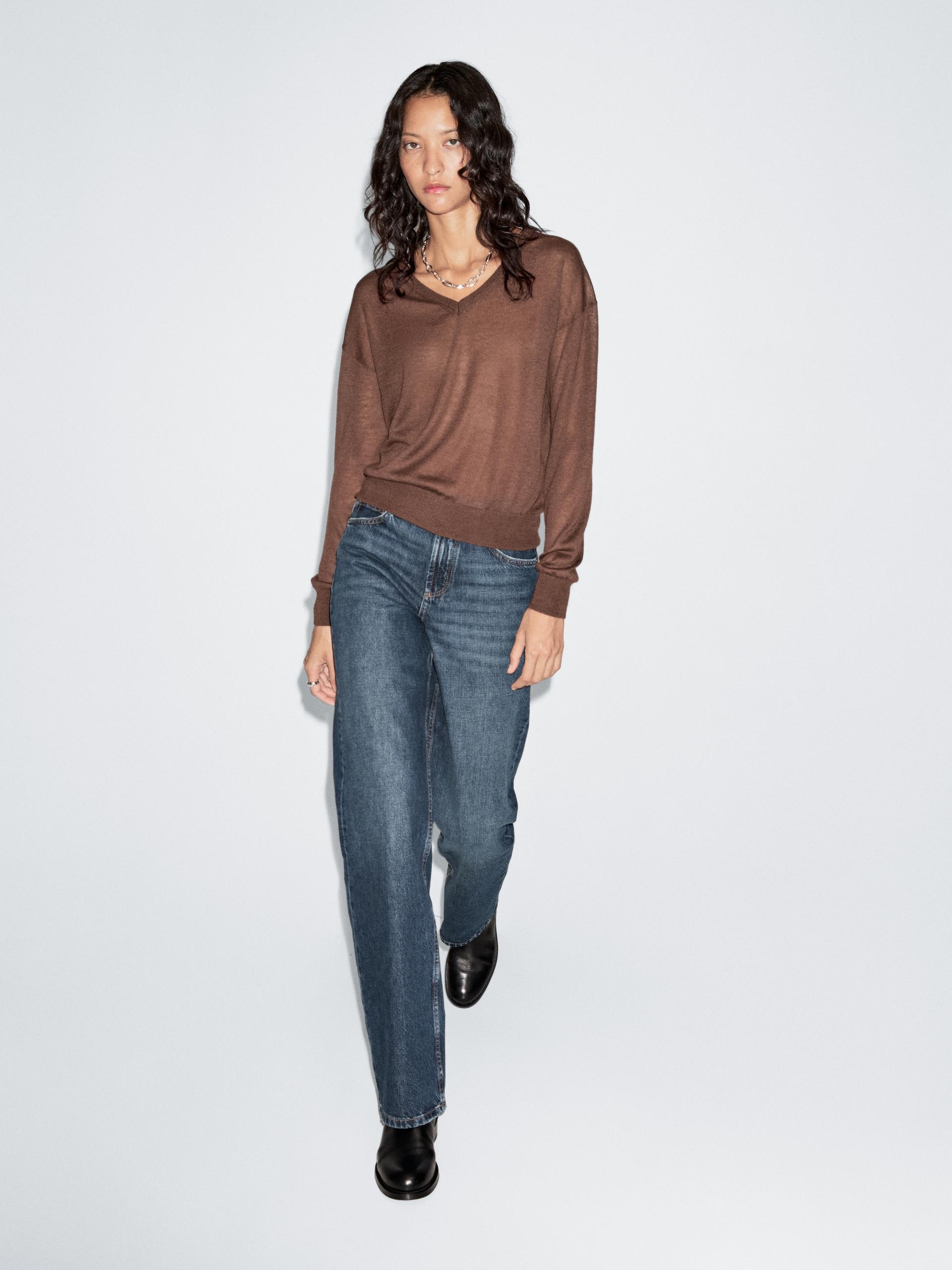 Pullover In Maglia Sottile 100% Cashmere - Marrone Toffee - L - Massimo Dutti - Femminile