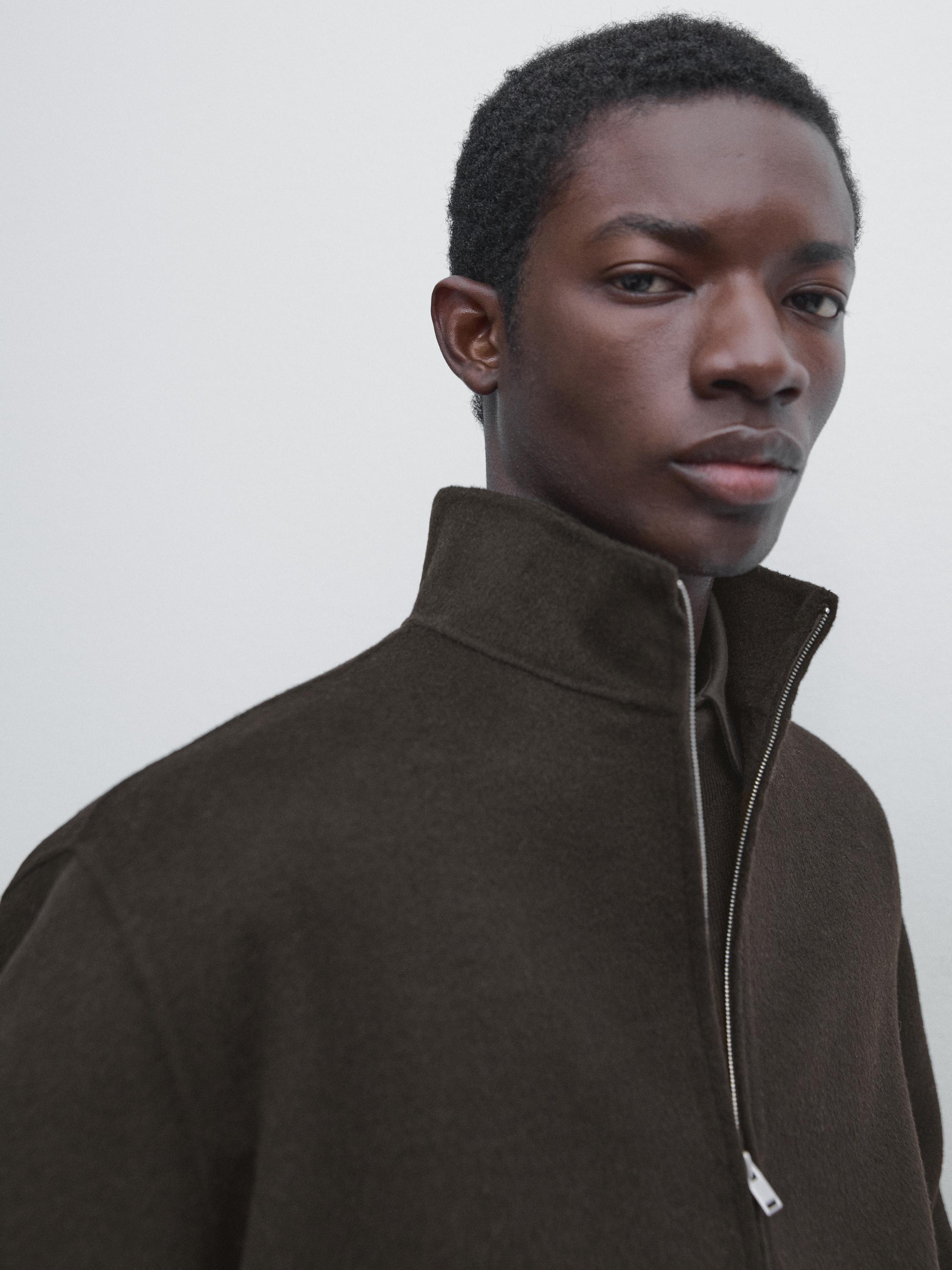 Wool blend high neck jacket — Chocolate