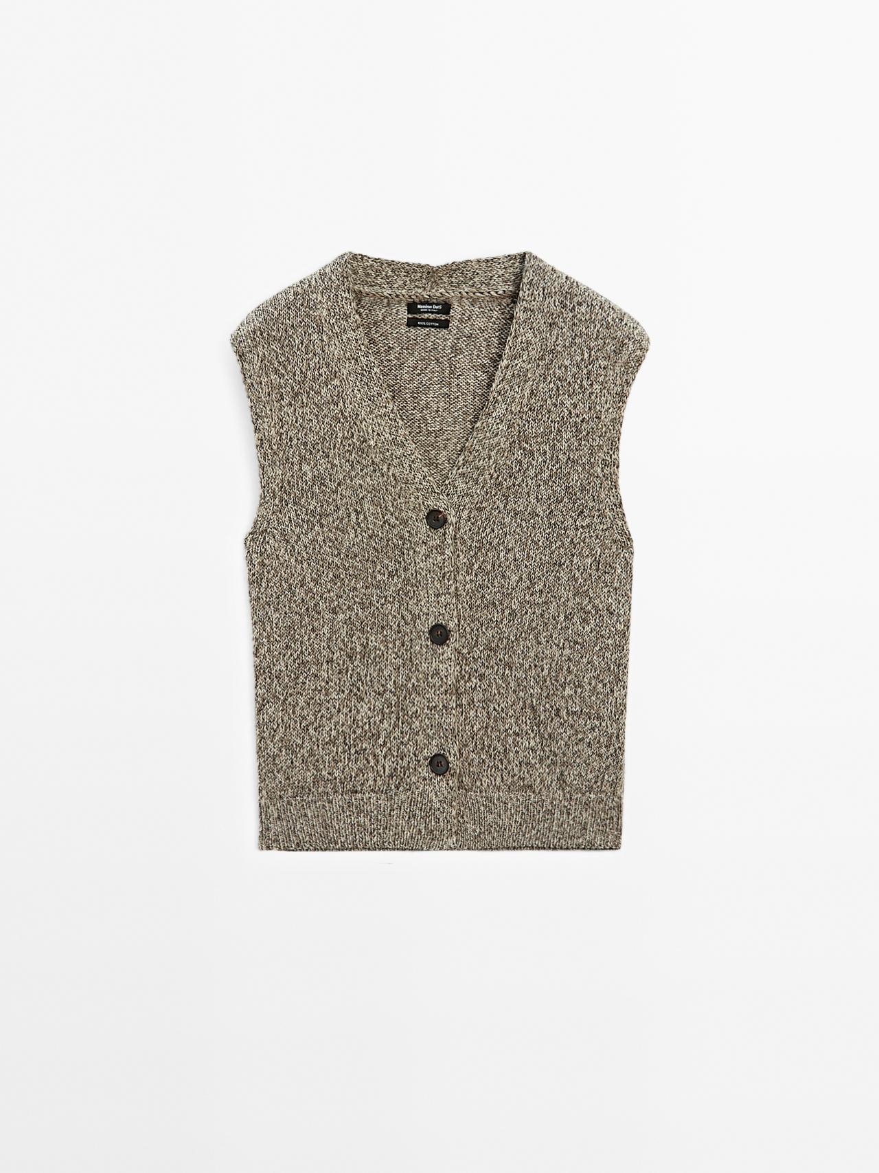 Massimo Dutti - Dame - Strikket Vest I Mouliné Med V-Udskæring - Grøn - L