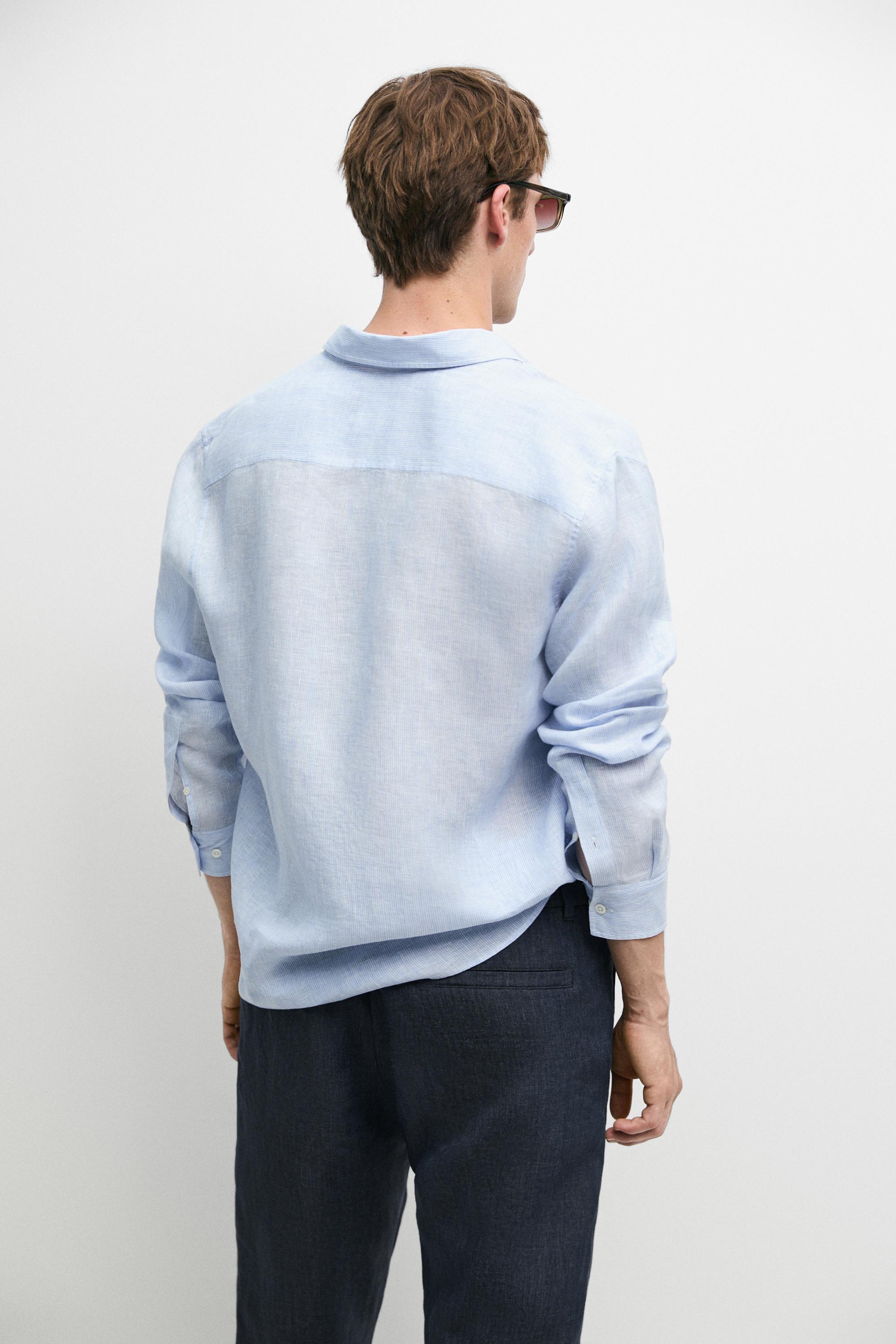100% linen regular fit pinstriped shirt — SKY BLUE