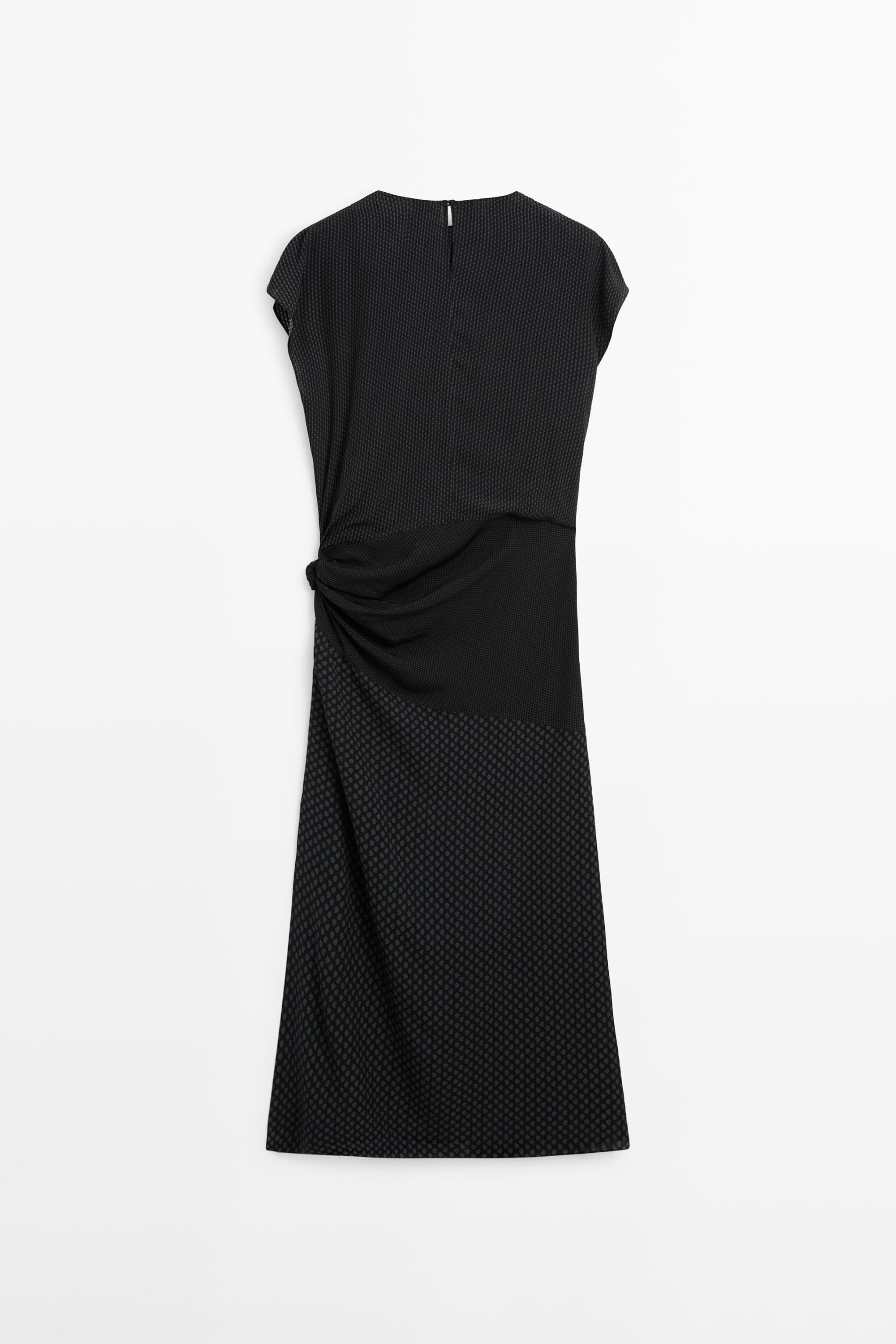 Long flowing printed dress with knot detail — BLACK