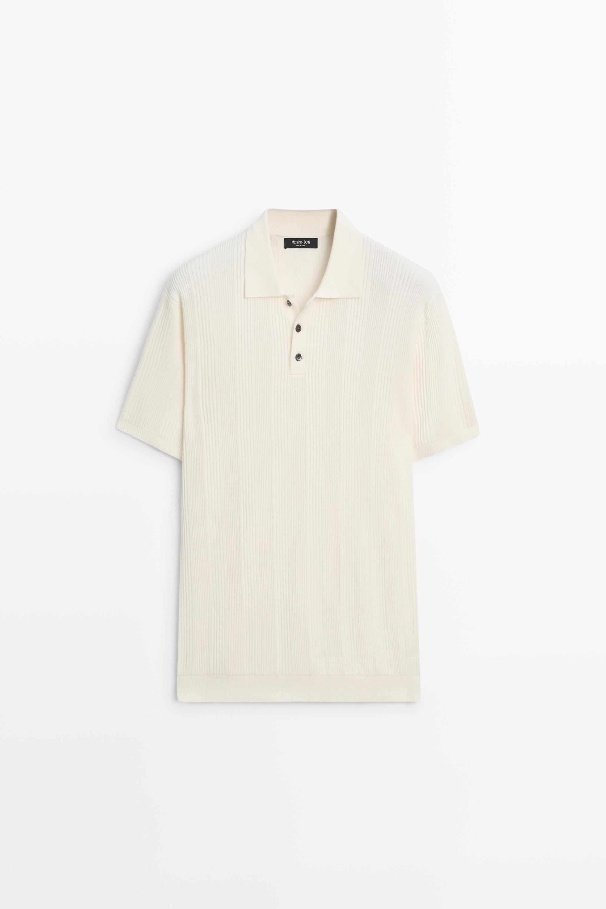 100% cotton textured striped knit polo shirt — CREAM
