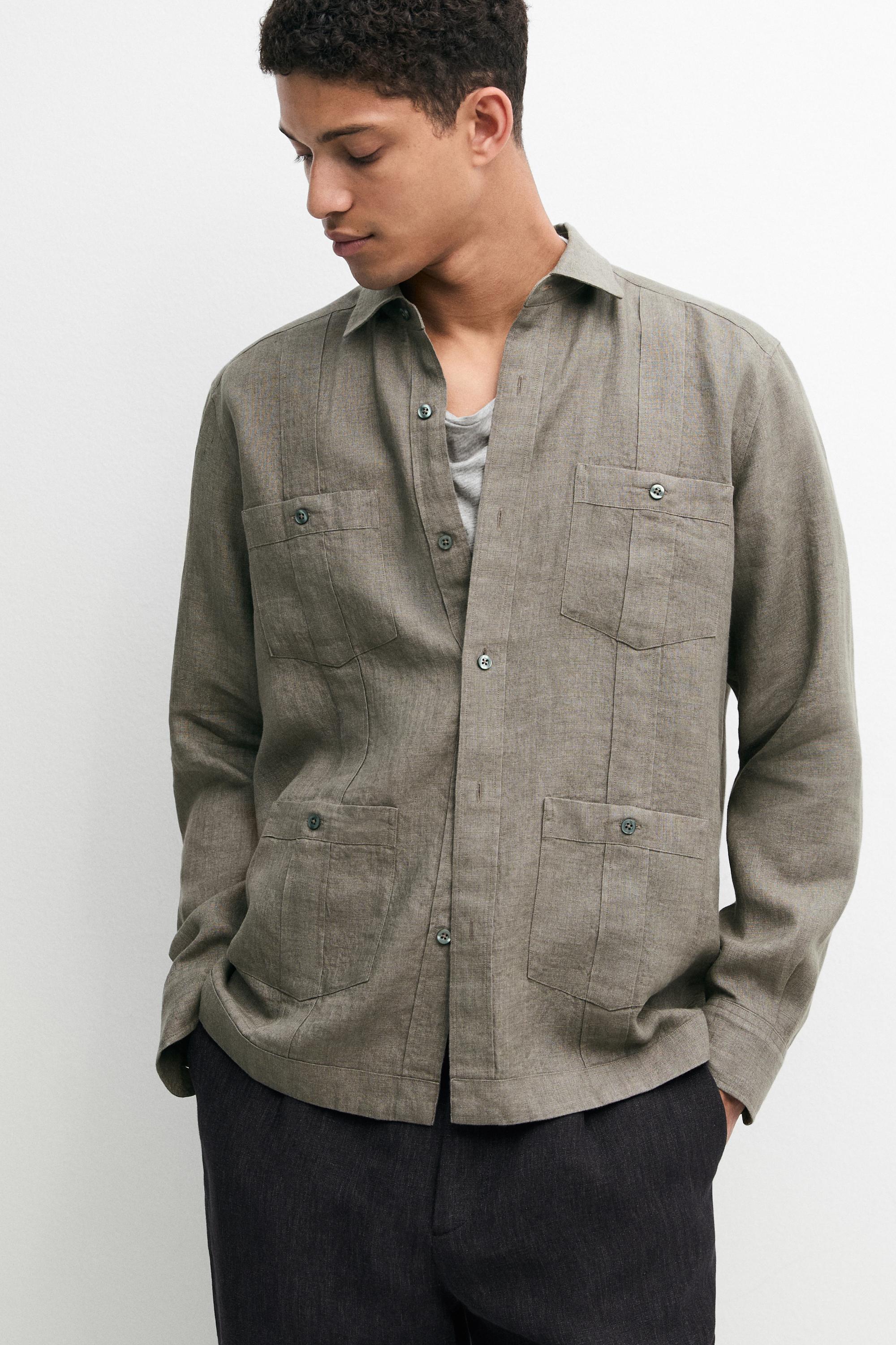 Regular fit 100% linen shirt with pockets — GREEN