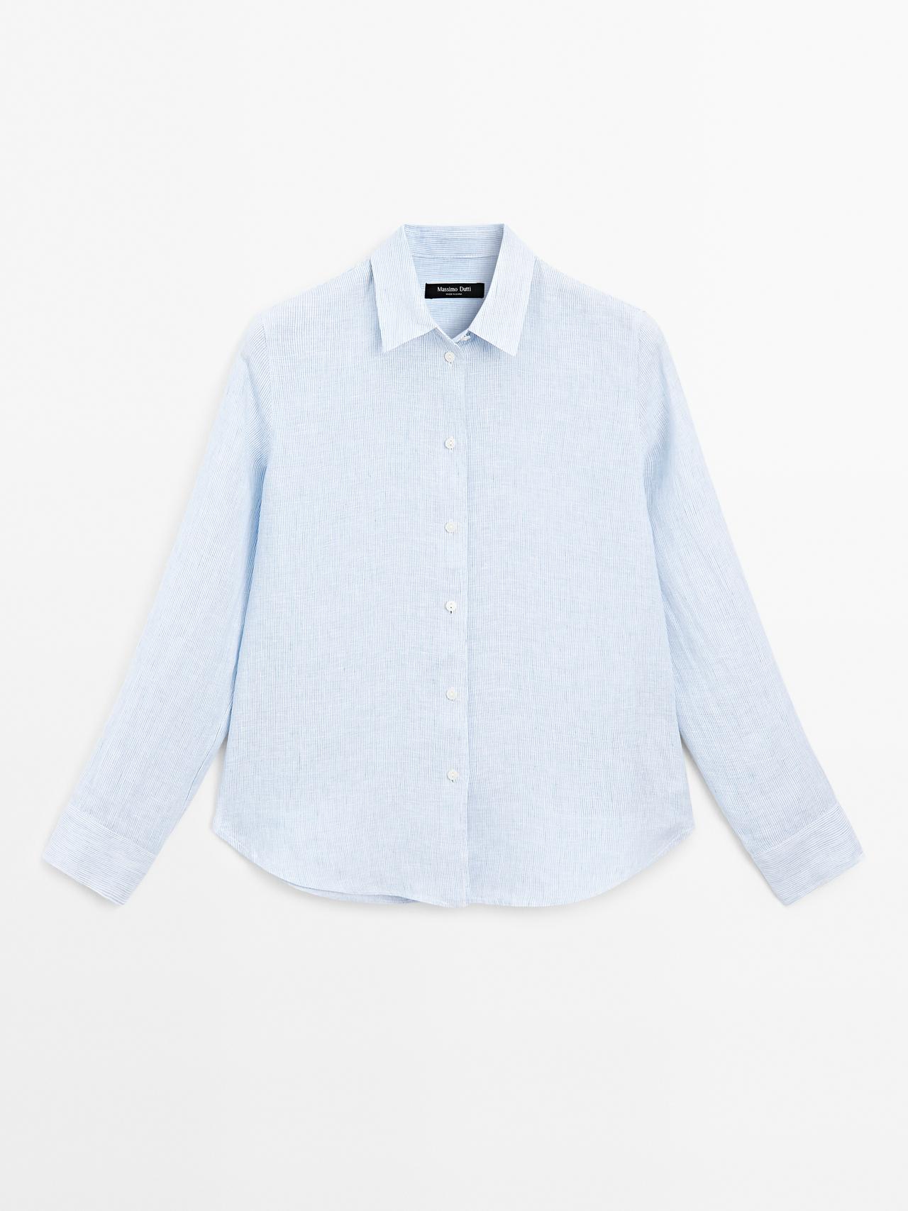 Massimo Dutti - Dame - Nålestribet Skjorte I Hør Med Blødt Fald - Blå - 44