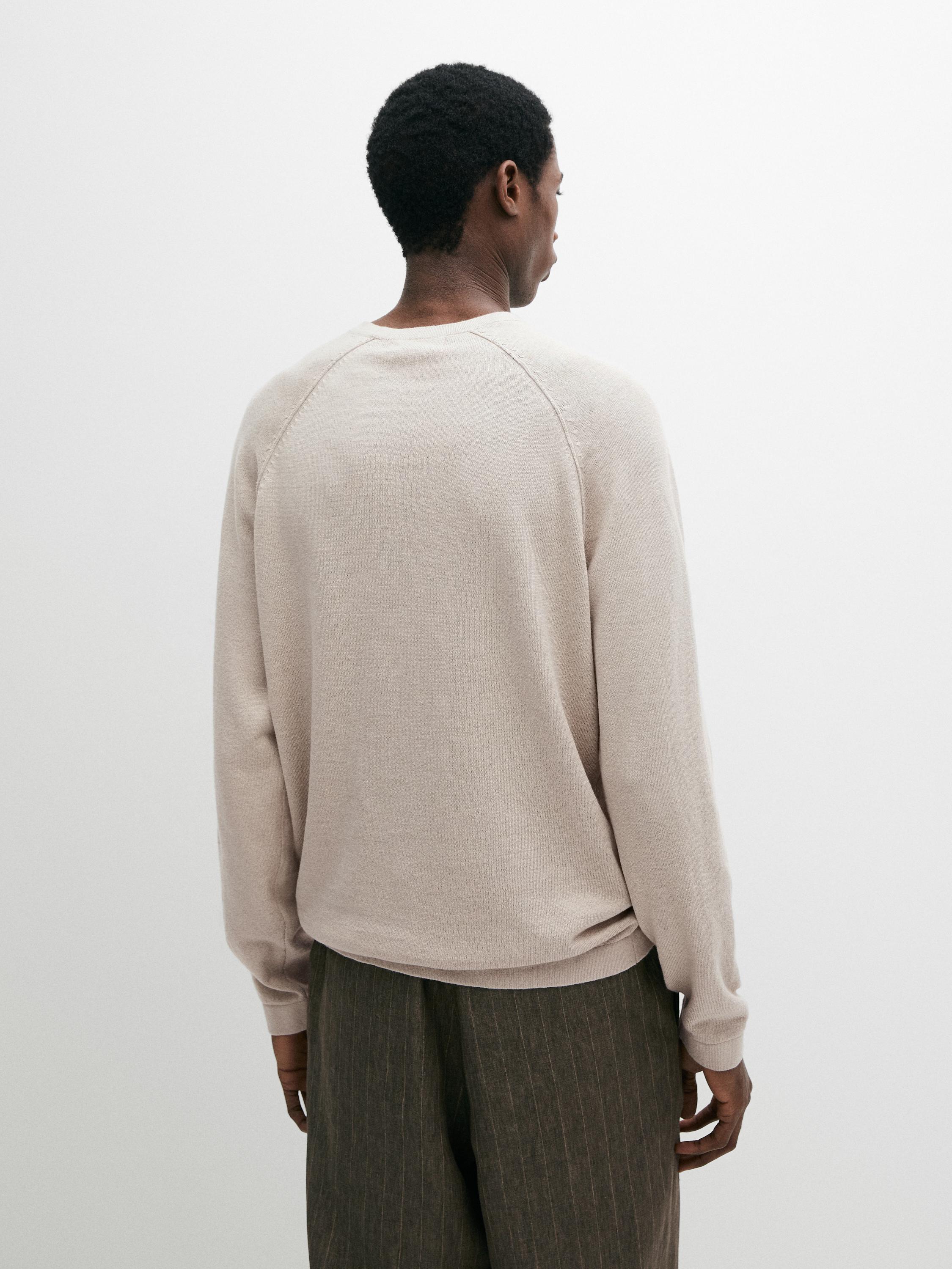 Linen blend knit crew neck sweater — BEIGE