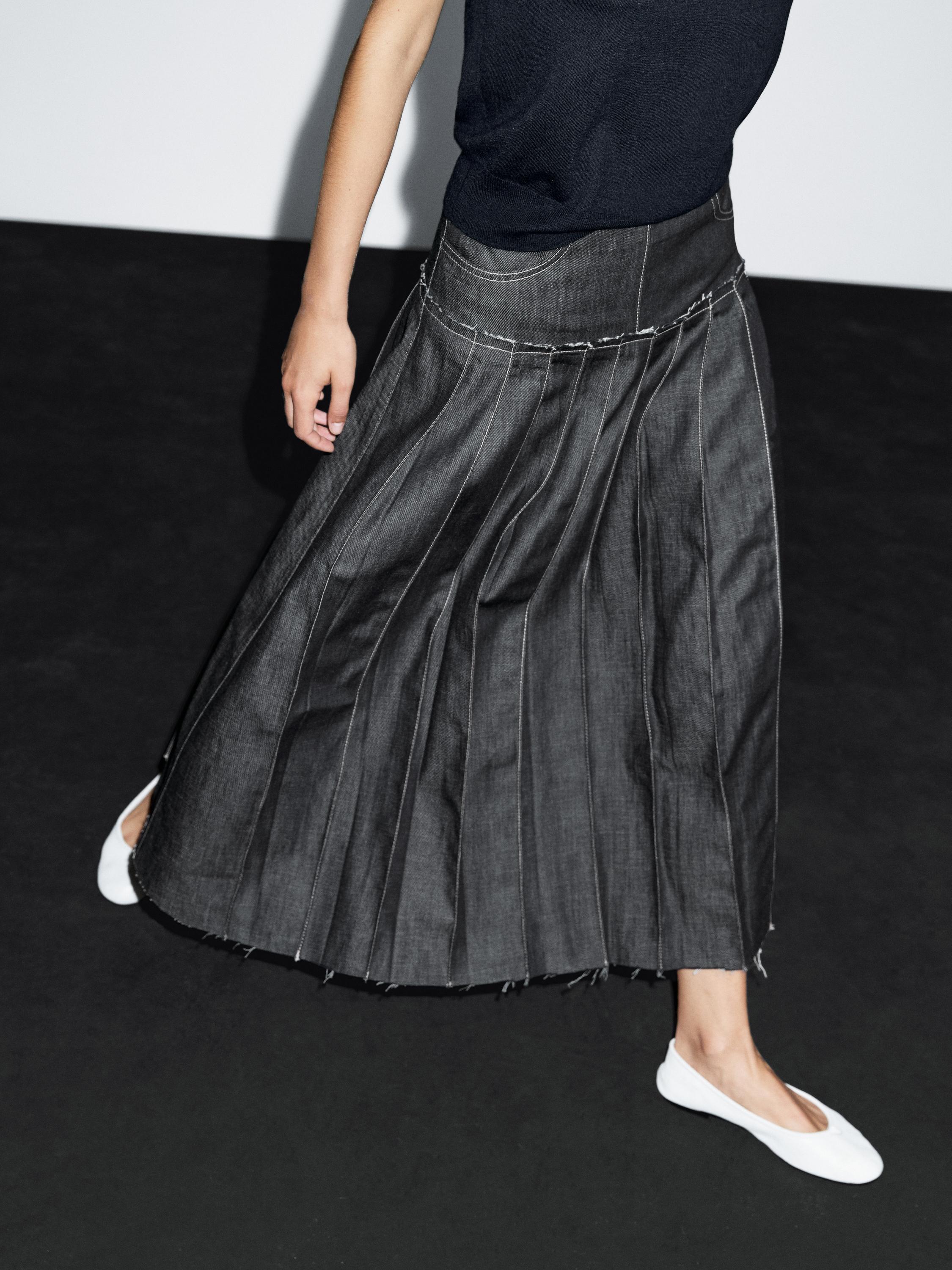Denim midi skirt with box pleats