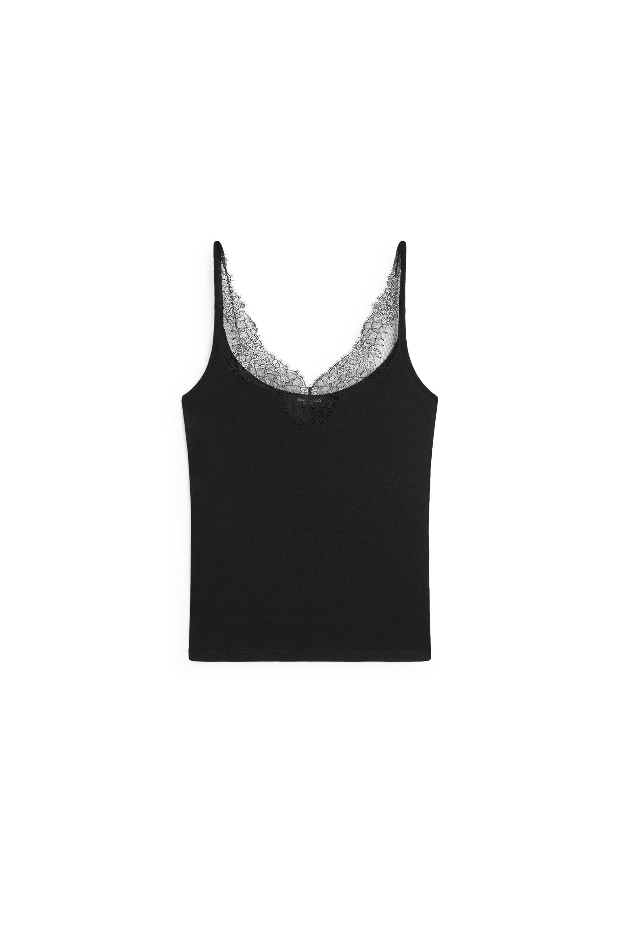 Strappy lace-trimmed camisole top — BLACK