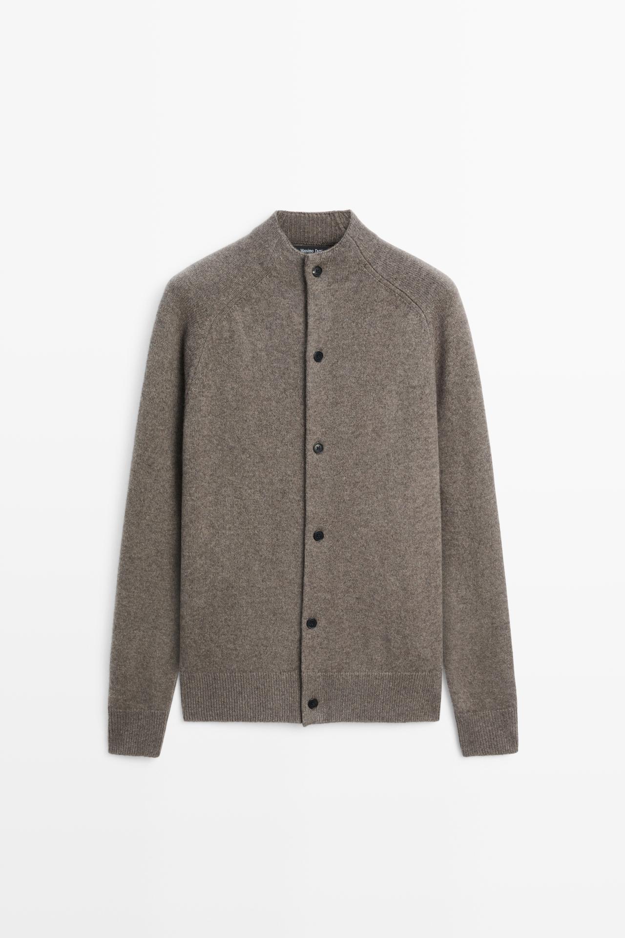 Wool blend mock neck knit cardigan — Sand