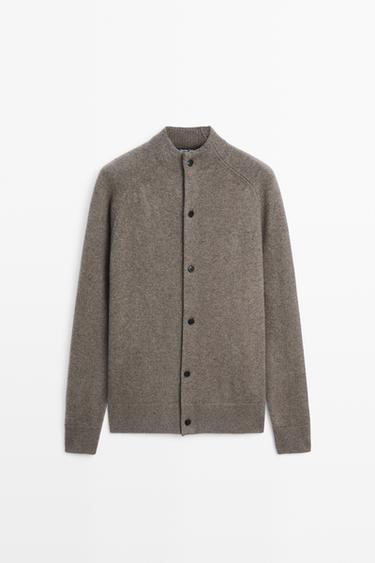 Wool blend mock neck knit cardigan — Sand 2