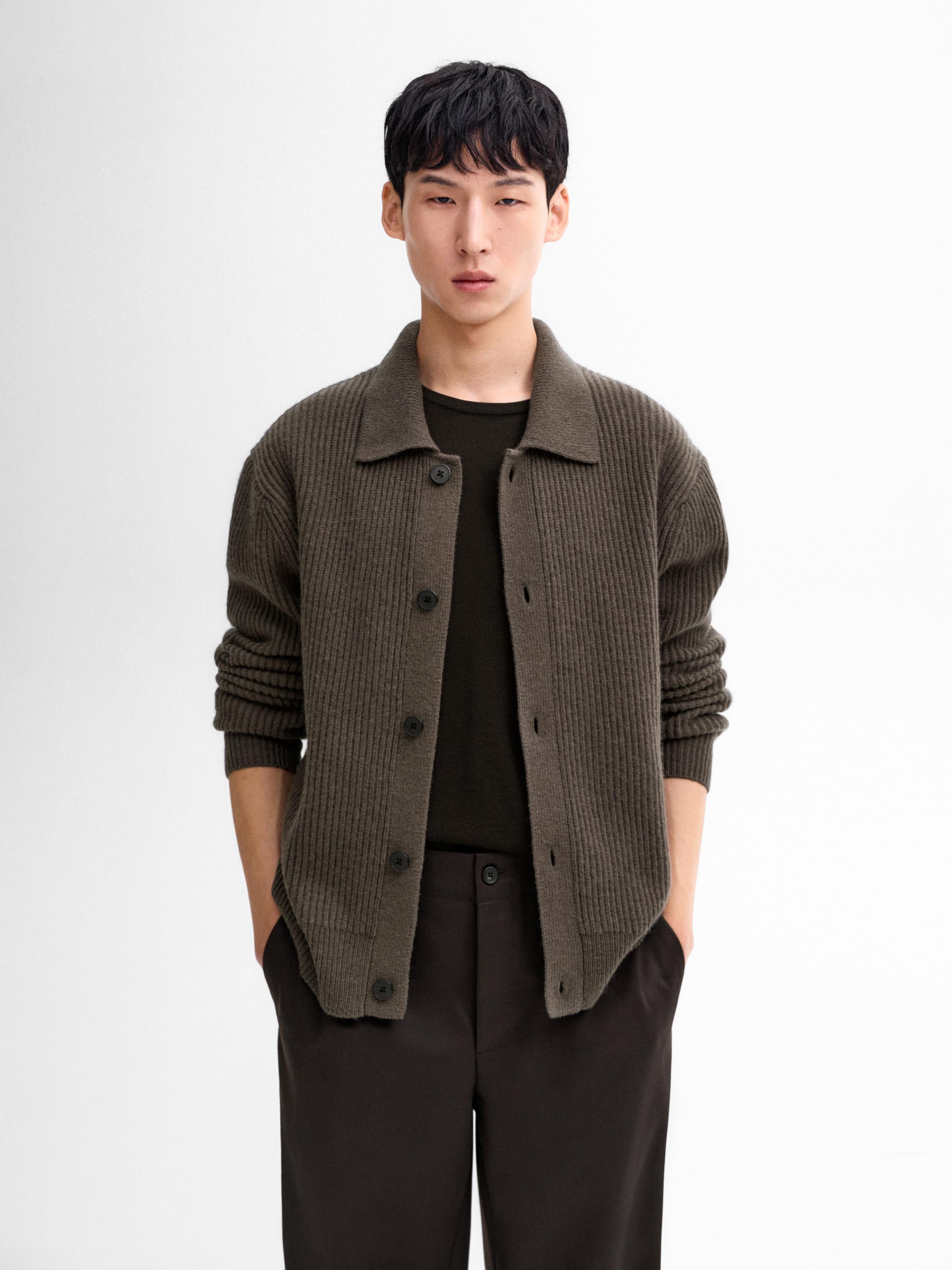 Wool blend polo collar cardigan