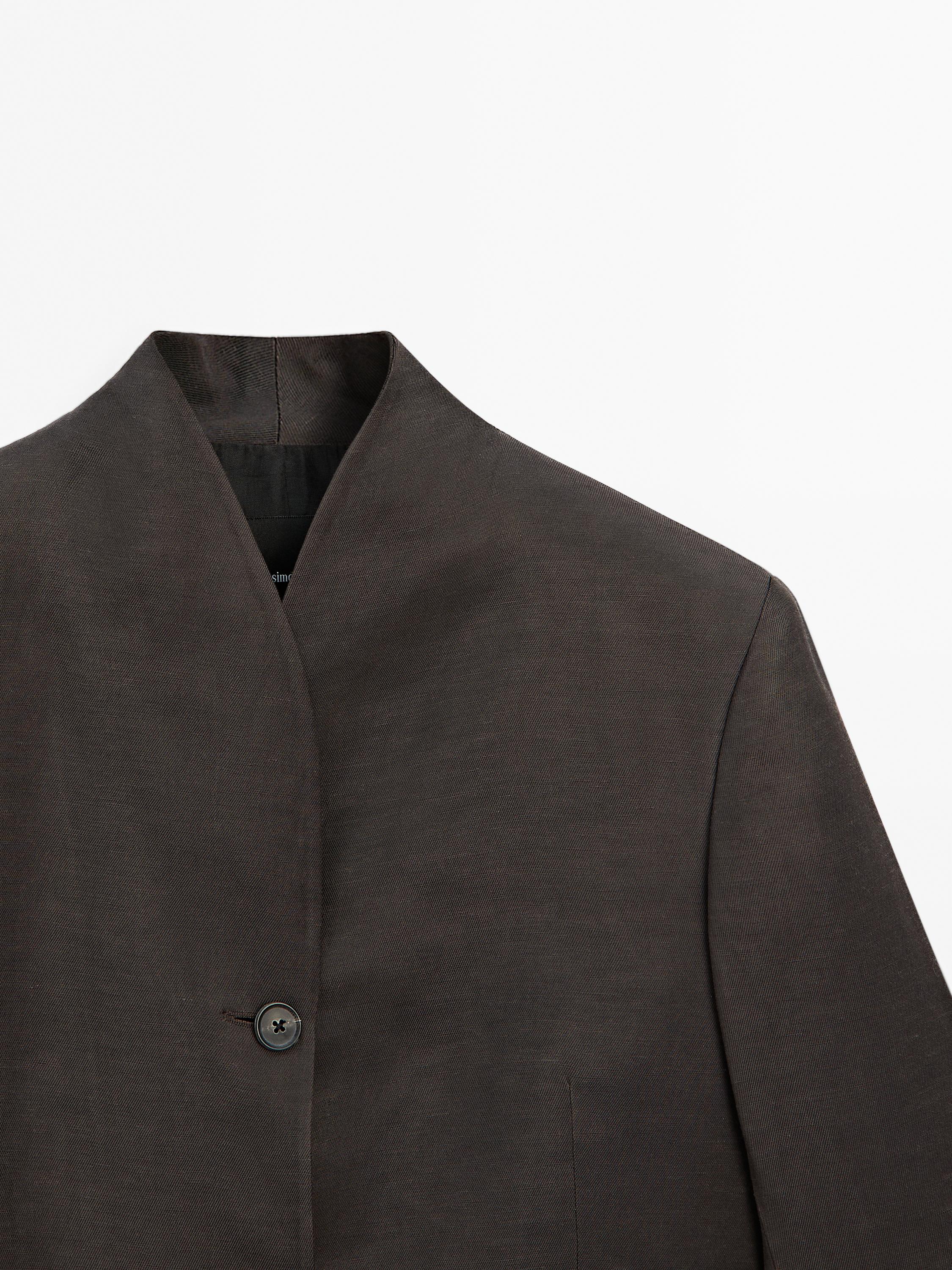 Linen blend high neck blazer