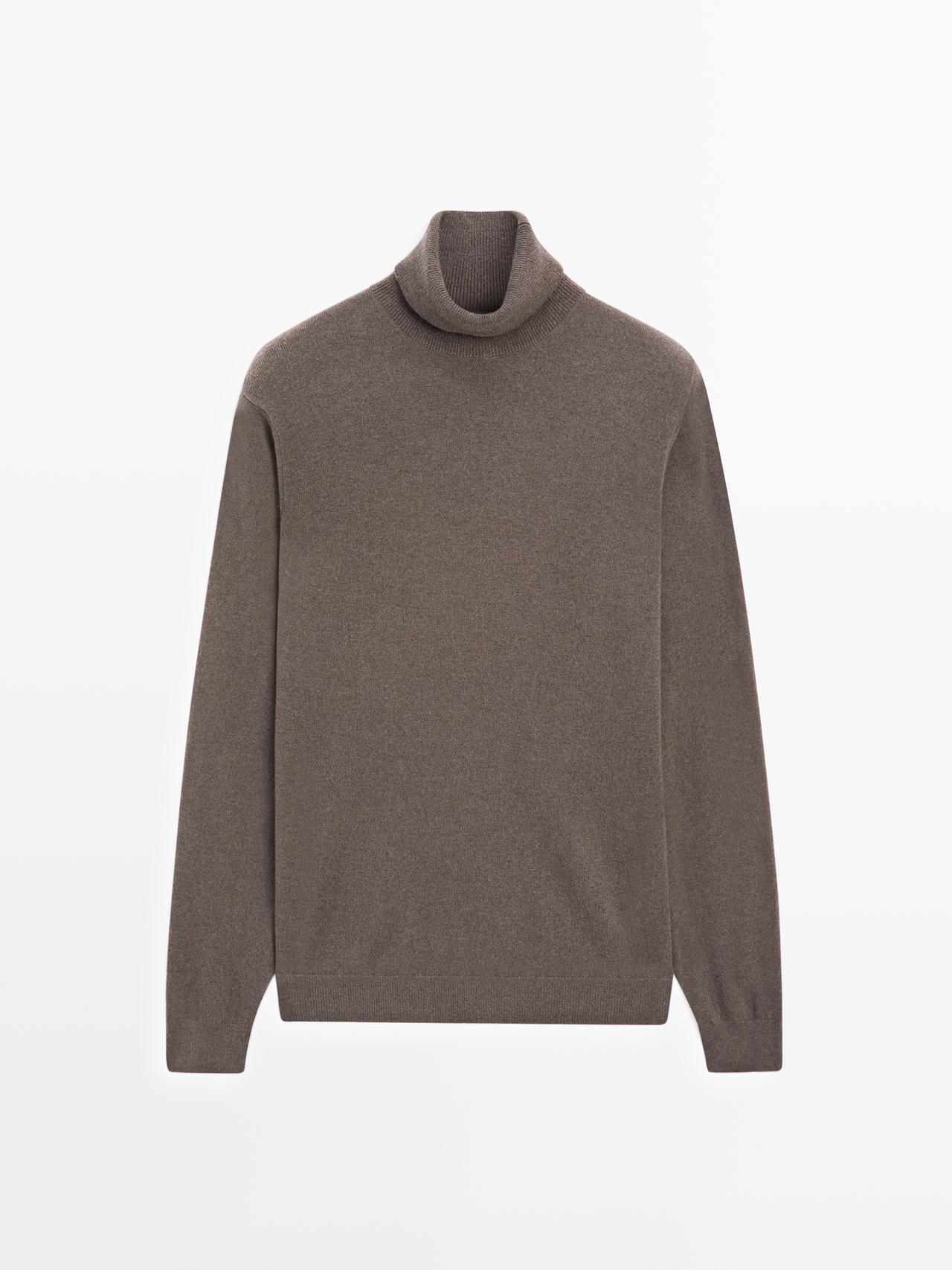 Massimo Dutti - Herre - Strikket Trøje I Uldblanding Med Høj Hals - Brun - S