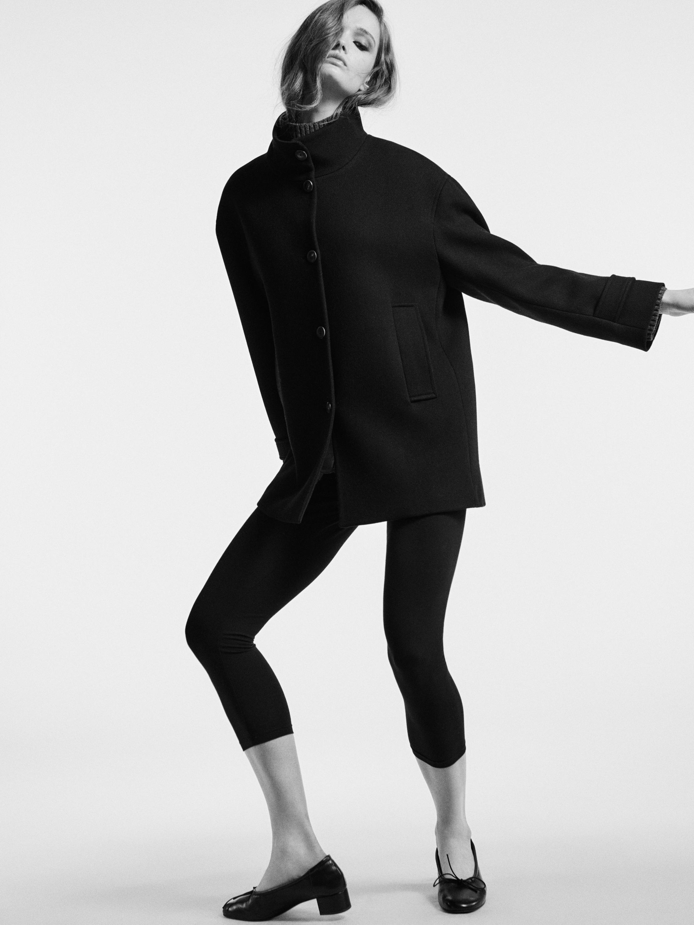 Wool blend high neck coat with button fastening — BLACK