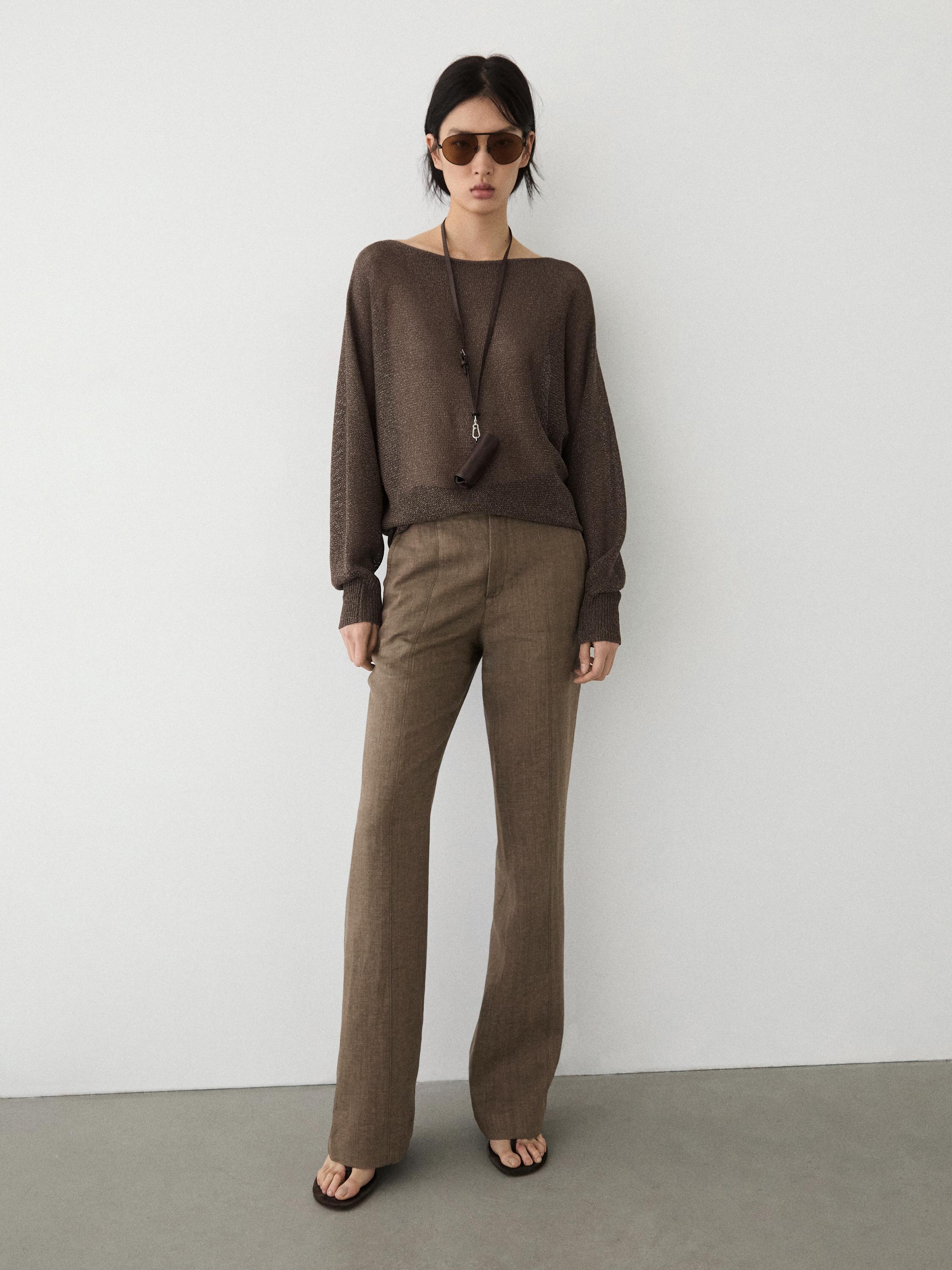 100% linen kick flare trousers — BROWN