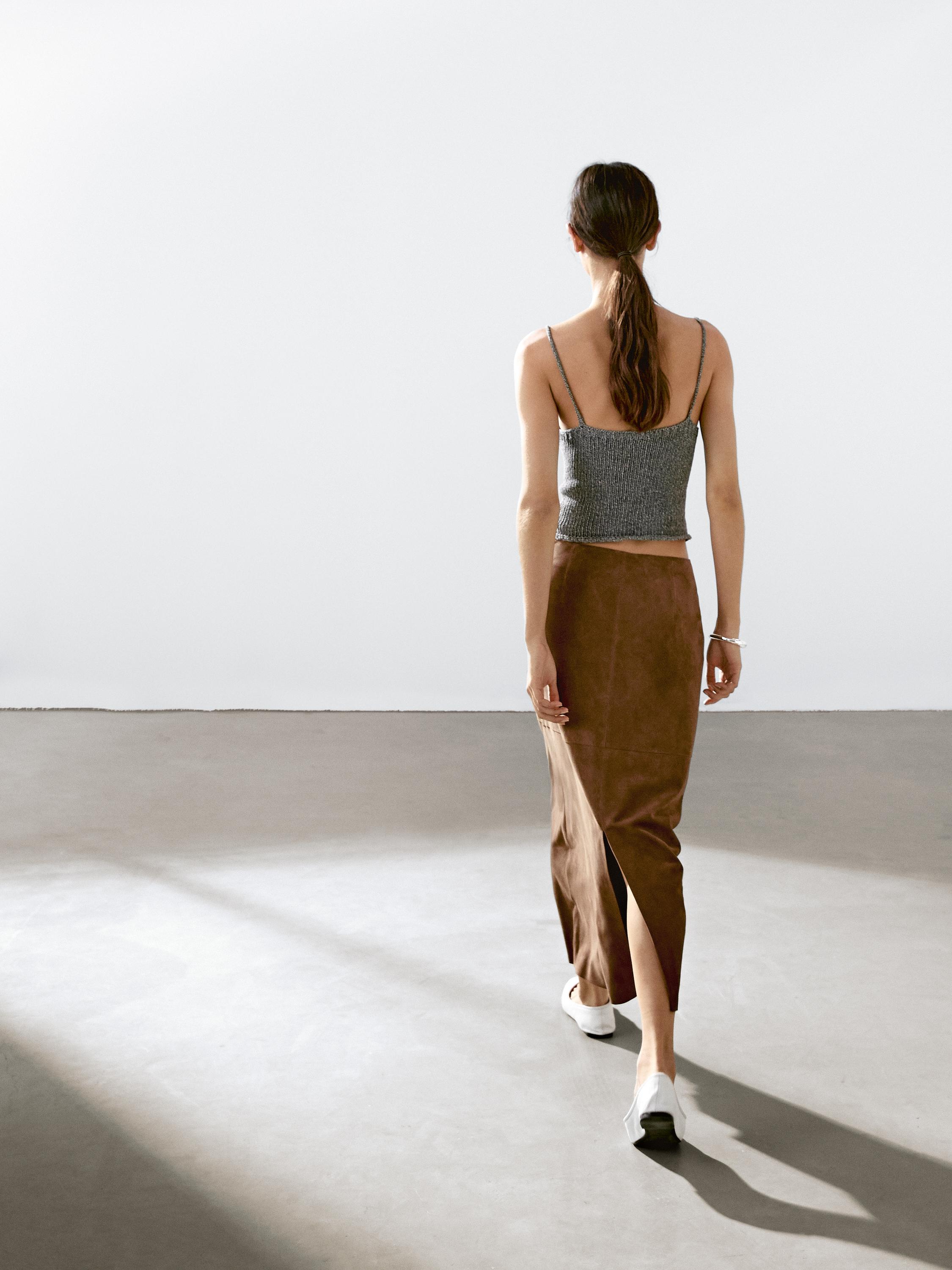 Suede leather midi skirt