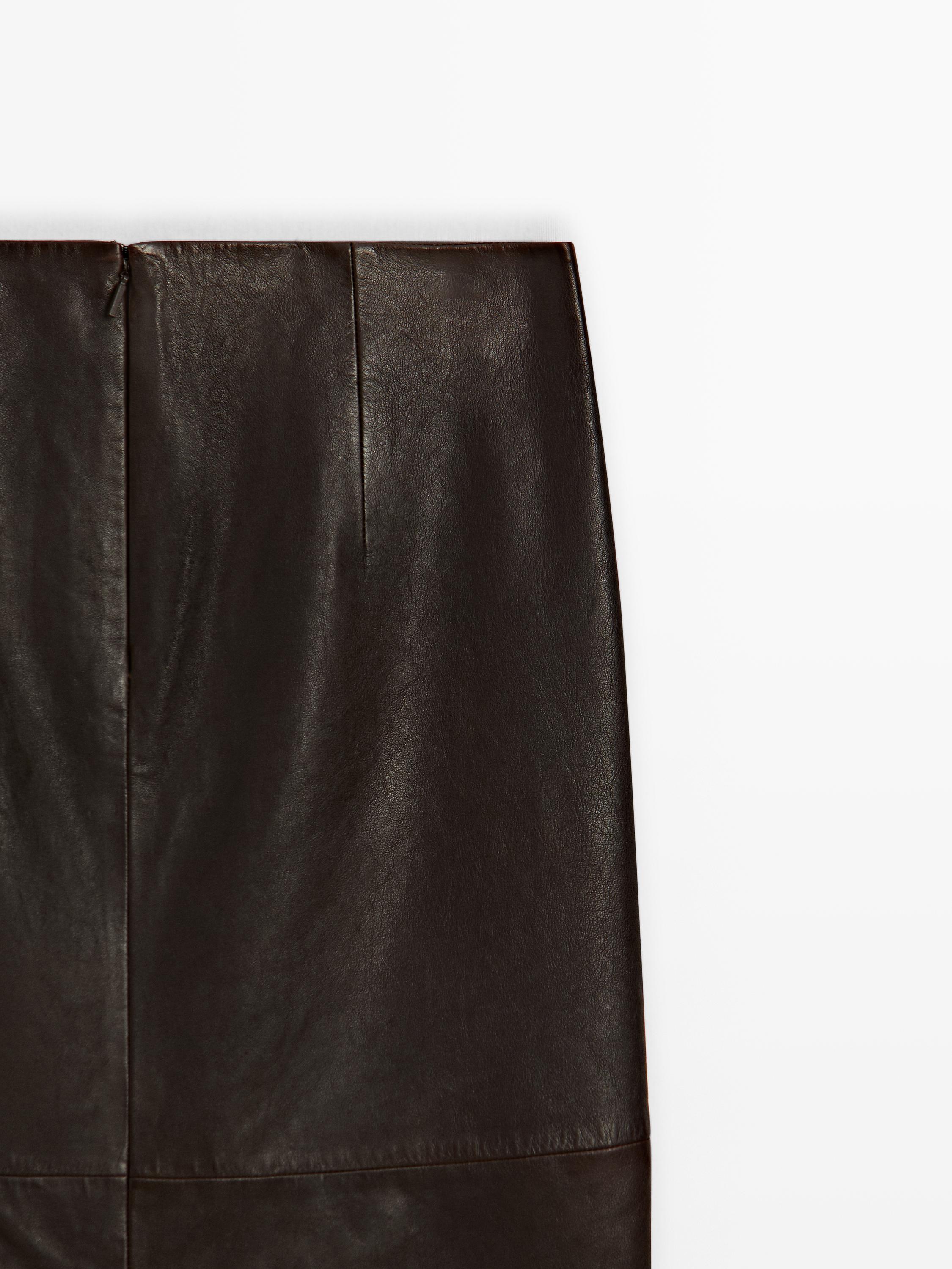 Straight nappa leather midi skirt with slit