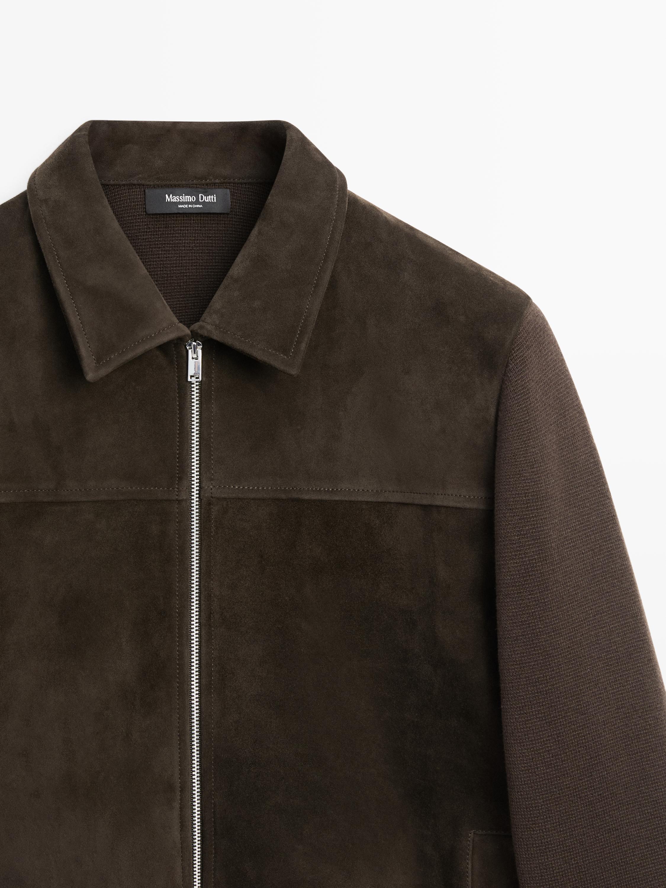 Contrast cotton and leather jacket — BROWN
