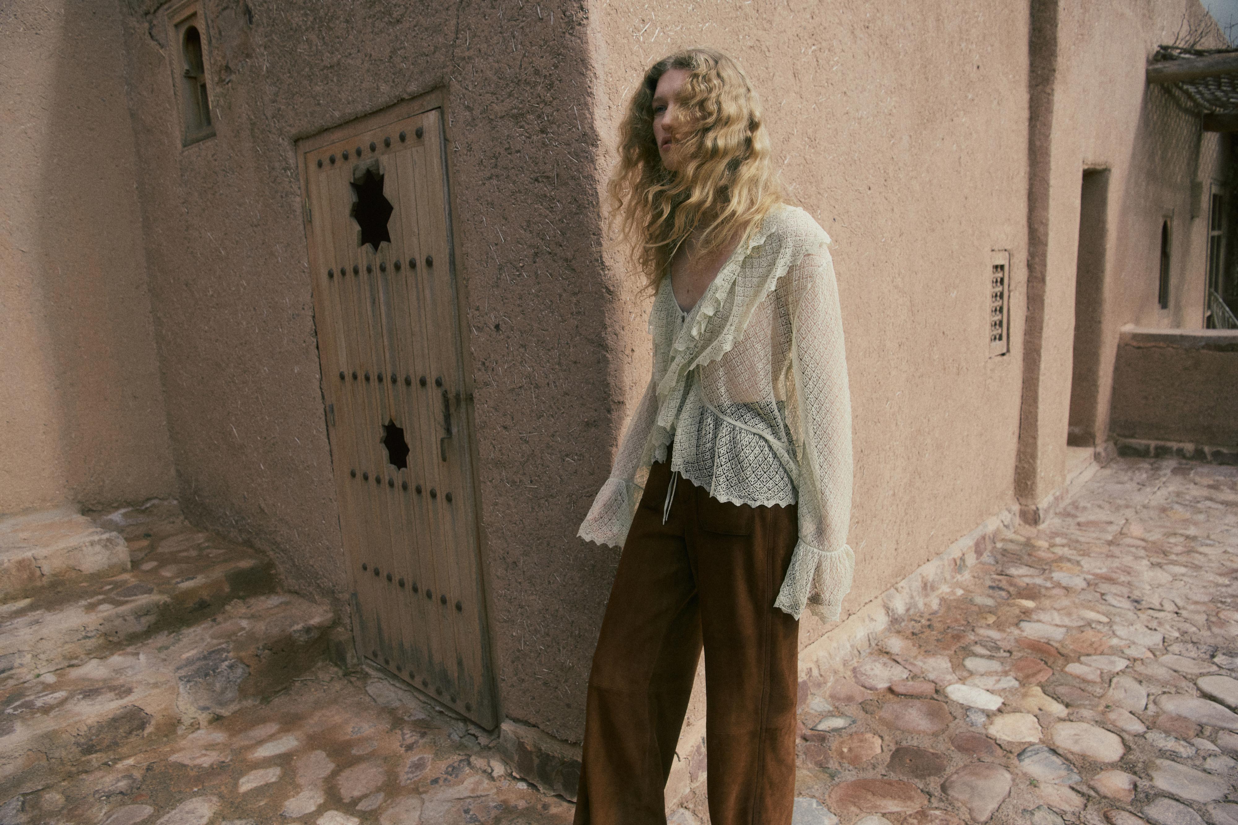 Suede leather wide-leg trousers with pockets — BROWN
