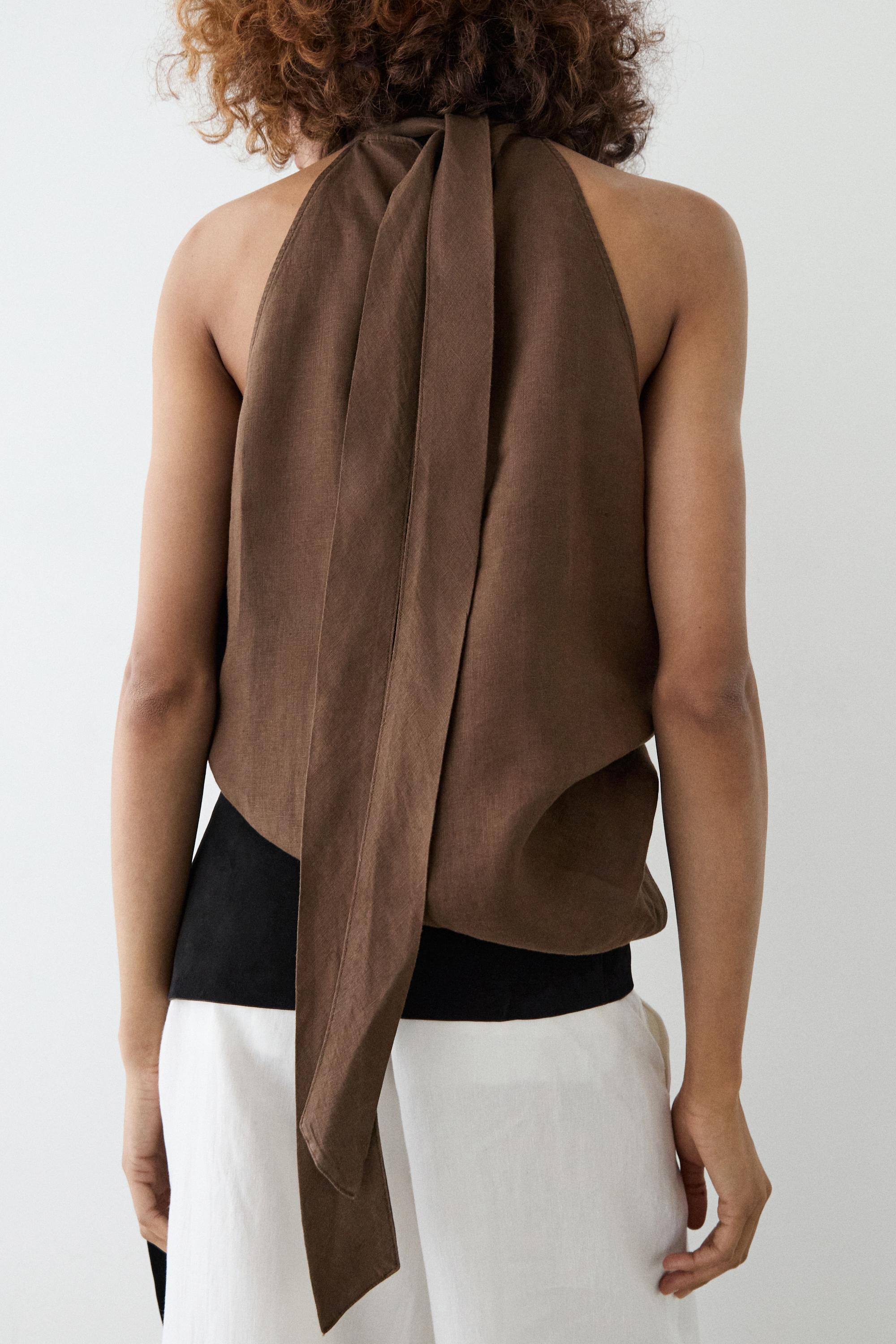 100% linen flowing halter top — BROWN