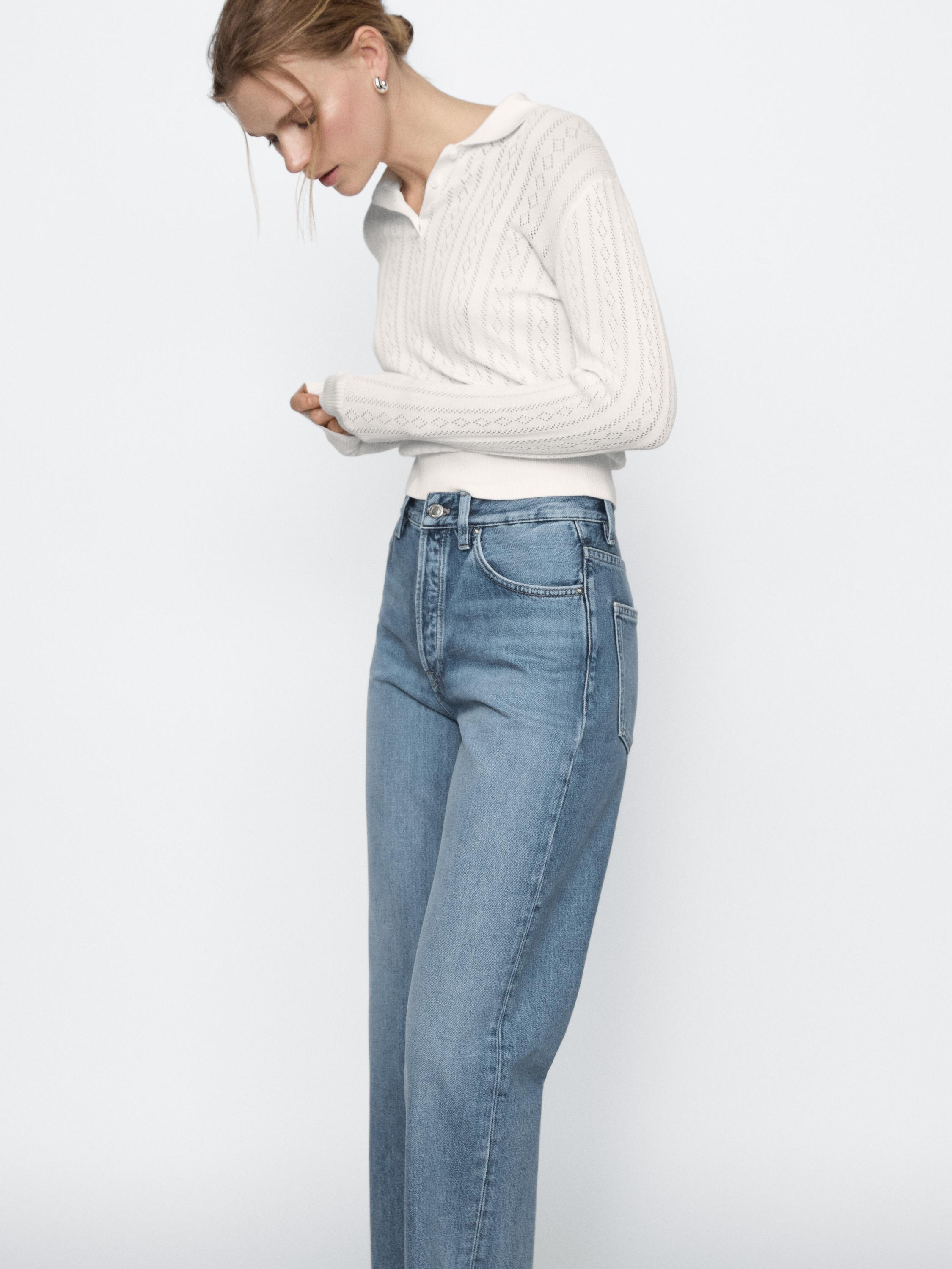 Cotton blend high-waist straight-leg jeans