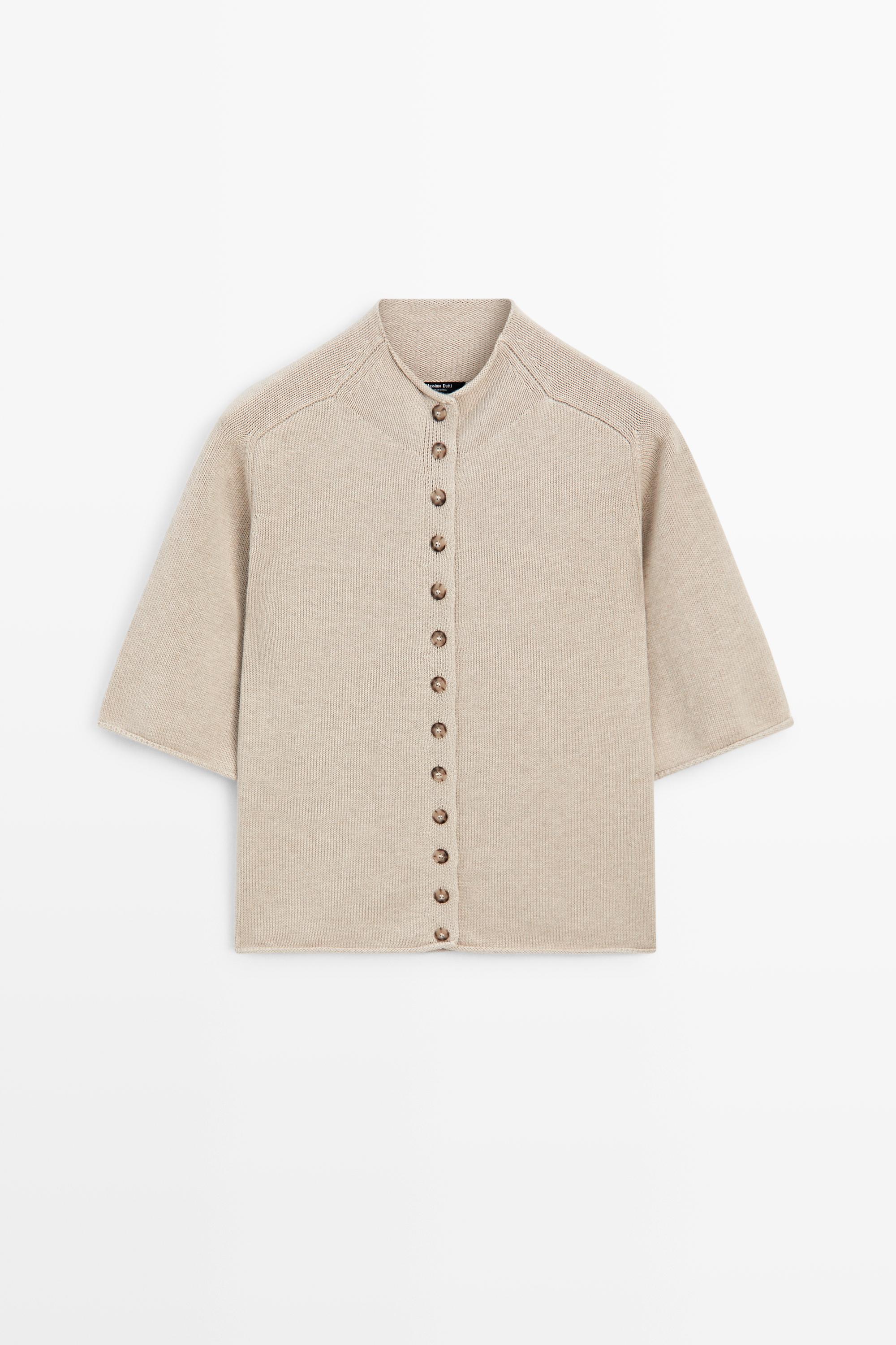 Cotton funnel neck knit cardigan — STONE
