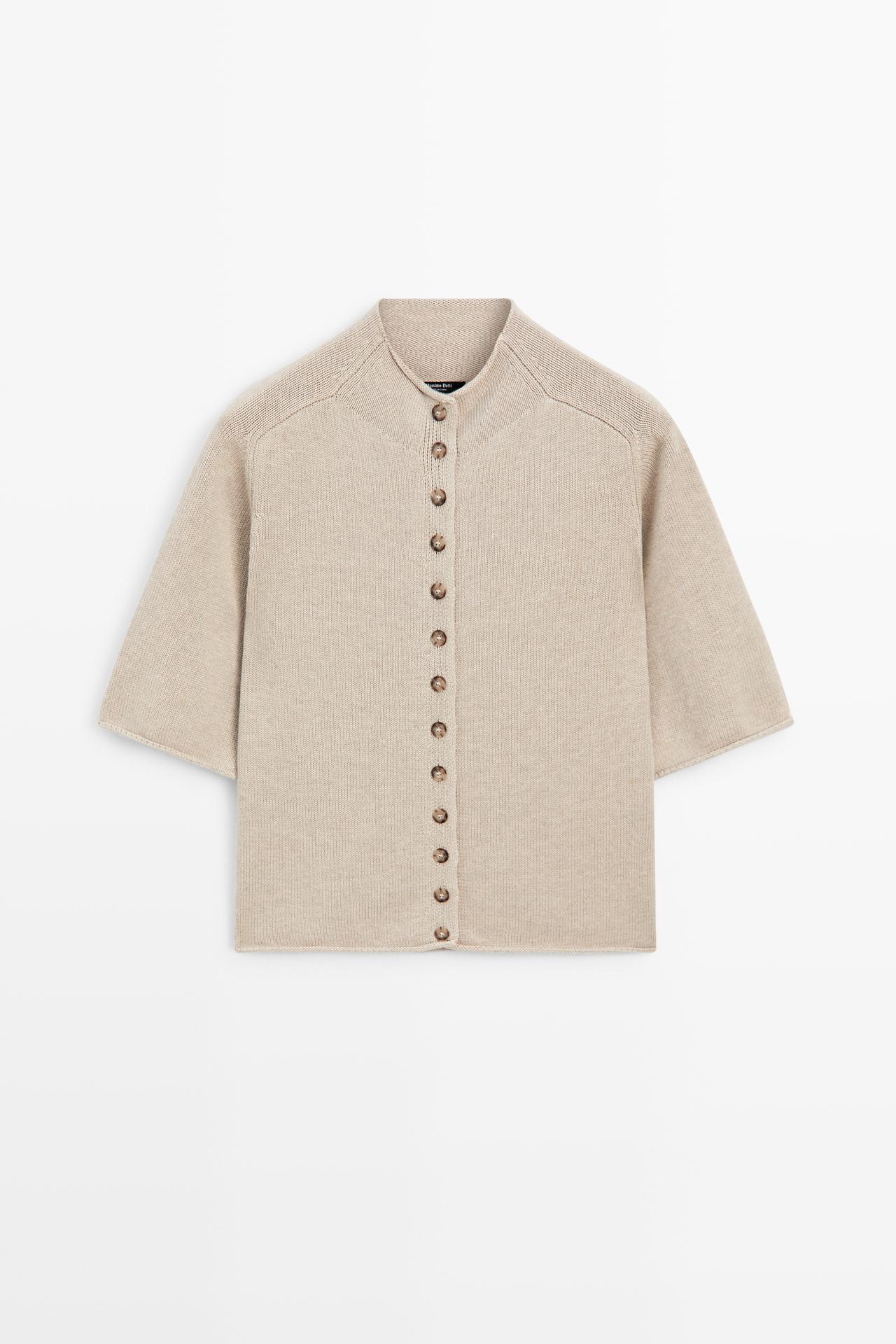 Cotton funnel neck knit cardigan — STONE