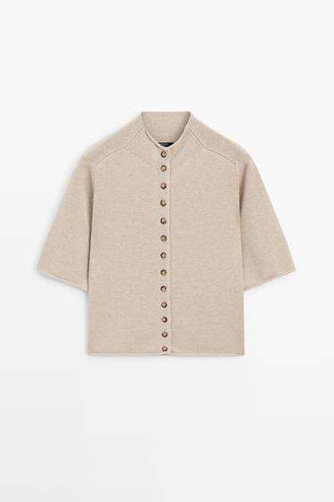 Cotton funnel neck knit cardigan — STONE 2