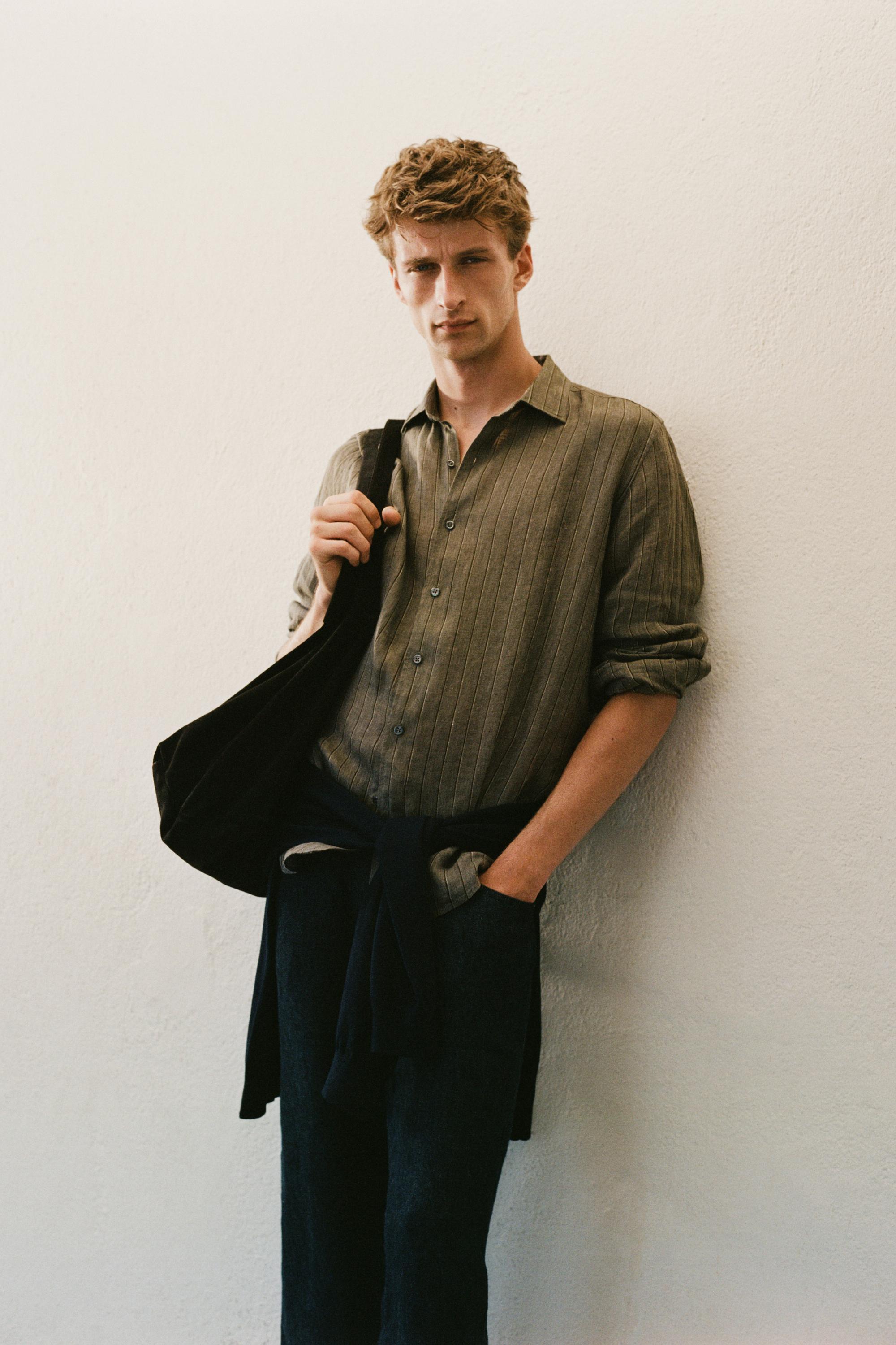 100% linen regular fit striped shirt — DARK GREEN