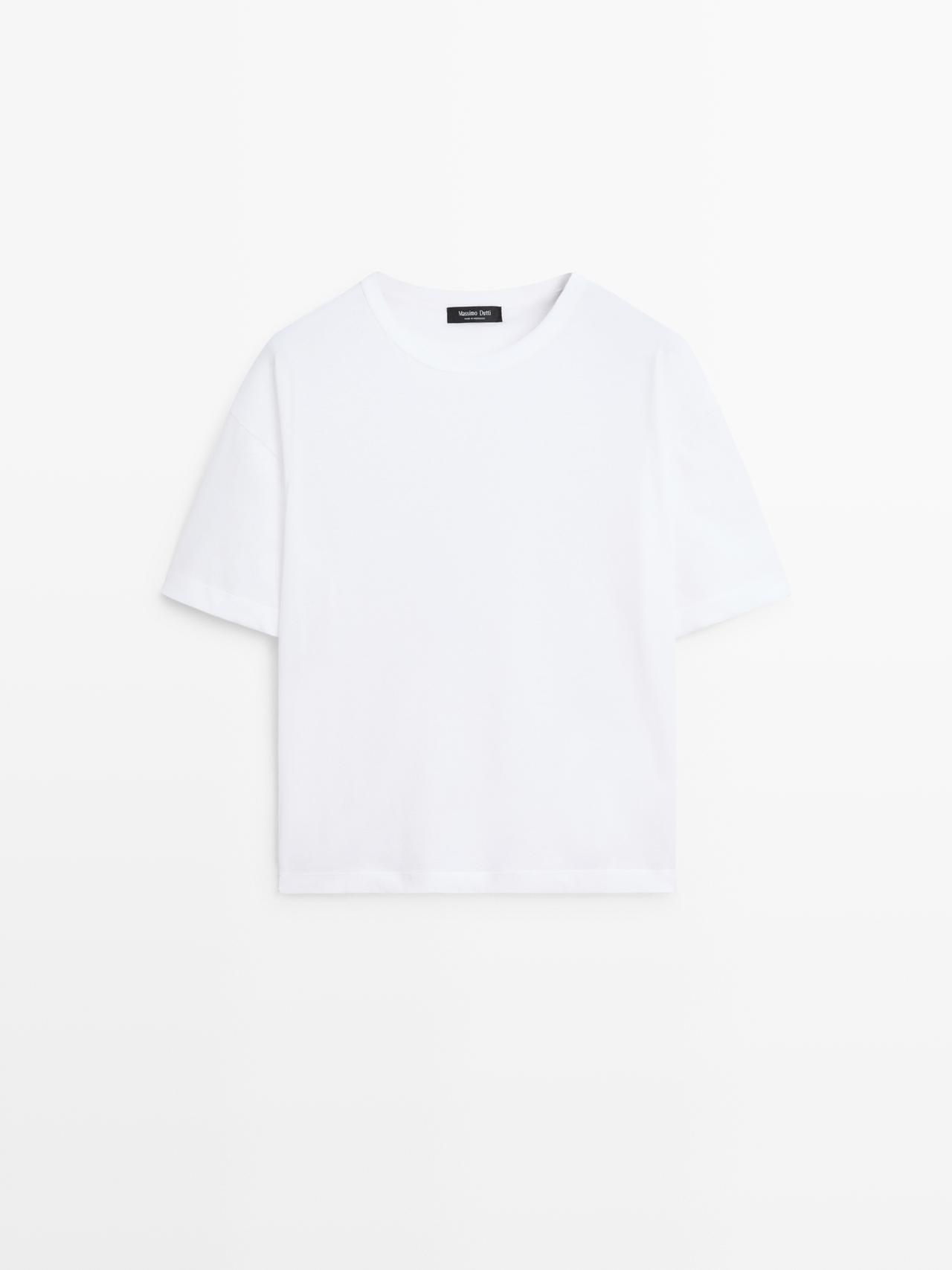 Massimo Dutti - Dames - Katoenen T-Shirt Met Korte Mouw - Gebroken Wit - Xs