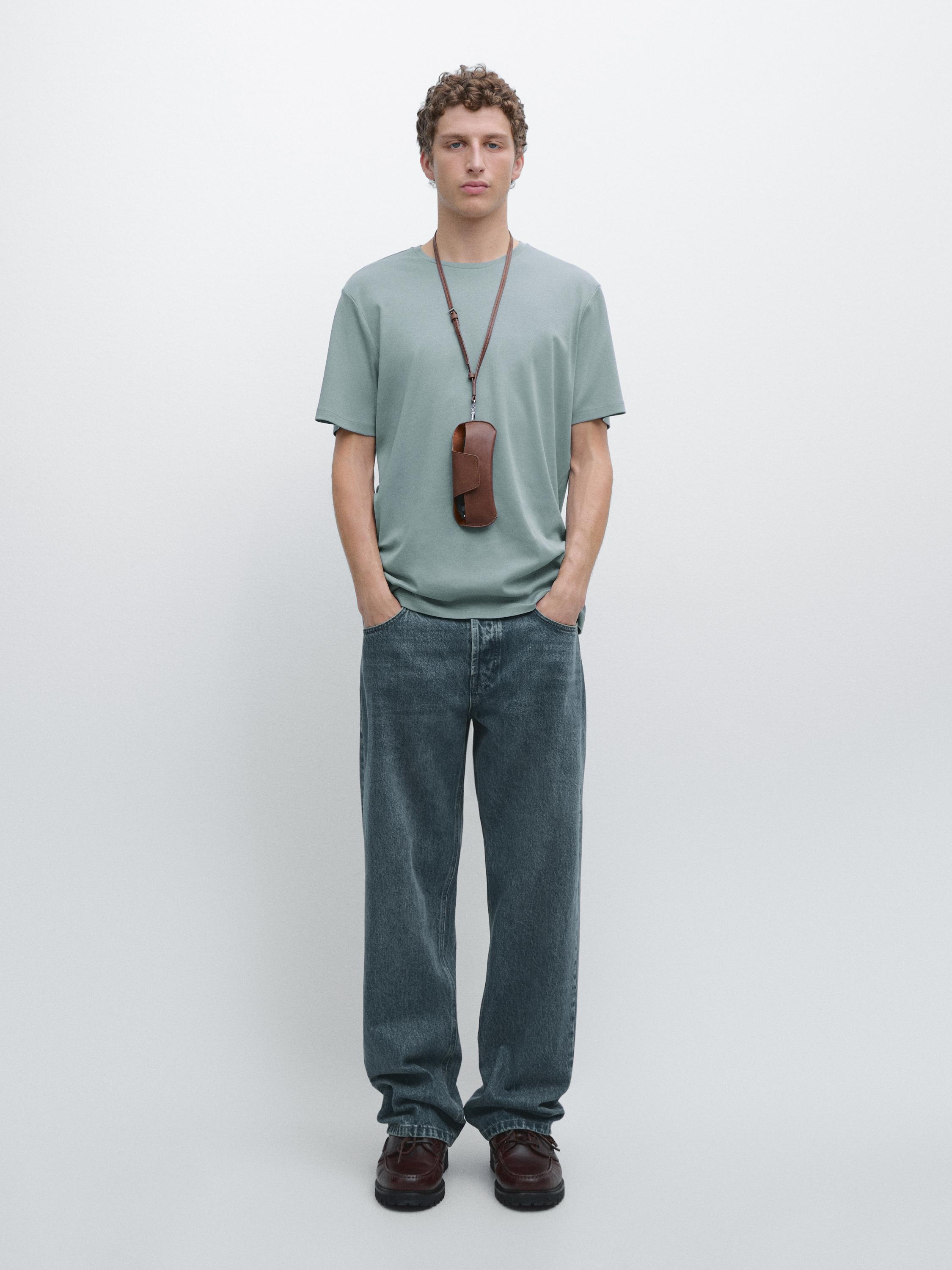 Short sleeve cotton blend T-shirt — GREY BLUE