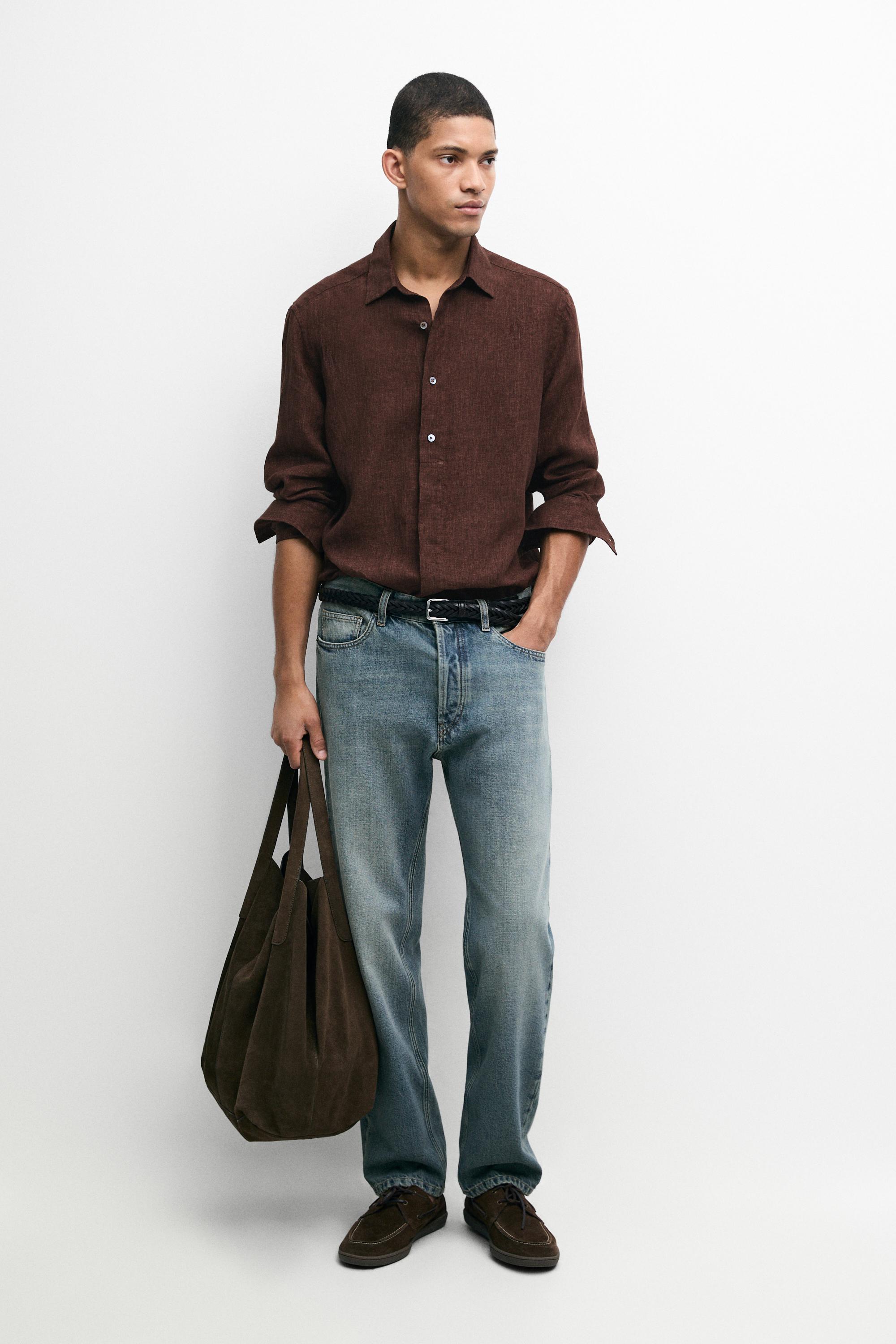 100% linen regular fit shirt with button detail — BROWN