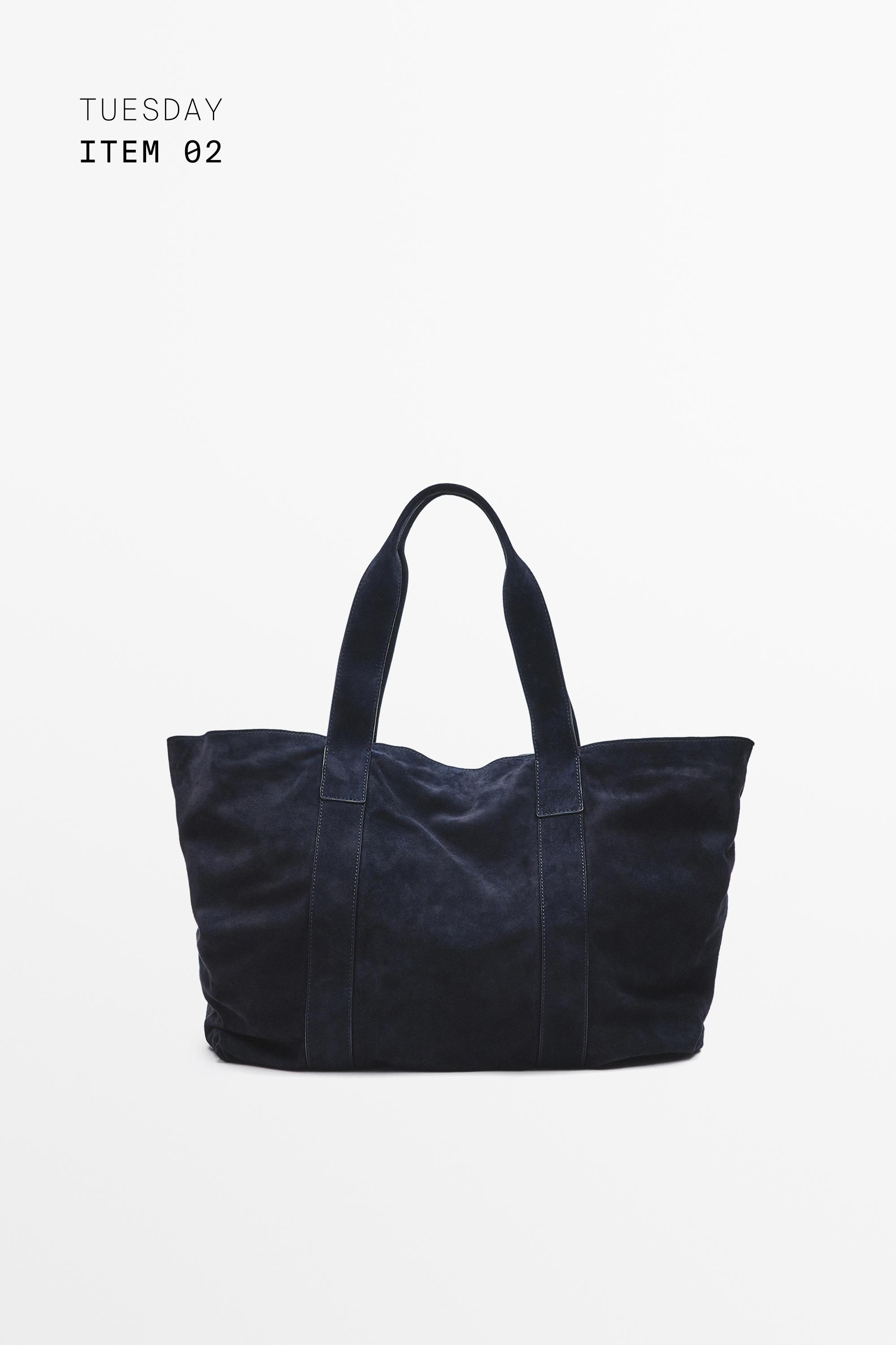 Split suede leather tote bag — NAVY BLUE