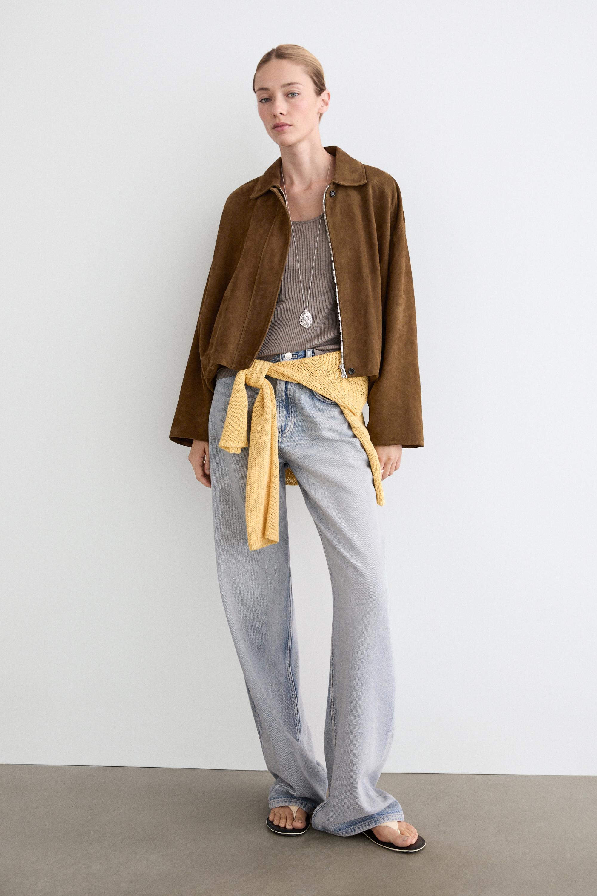 Short suede leather bomber jacket — BROWN