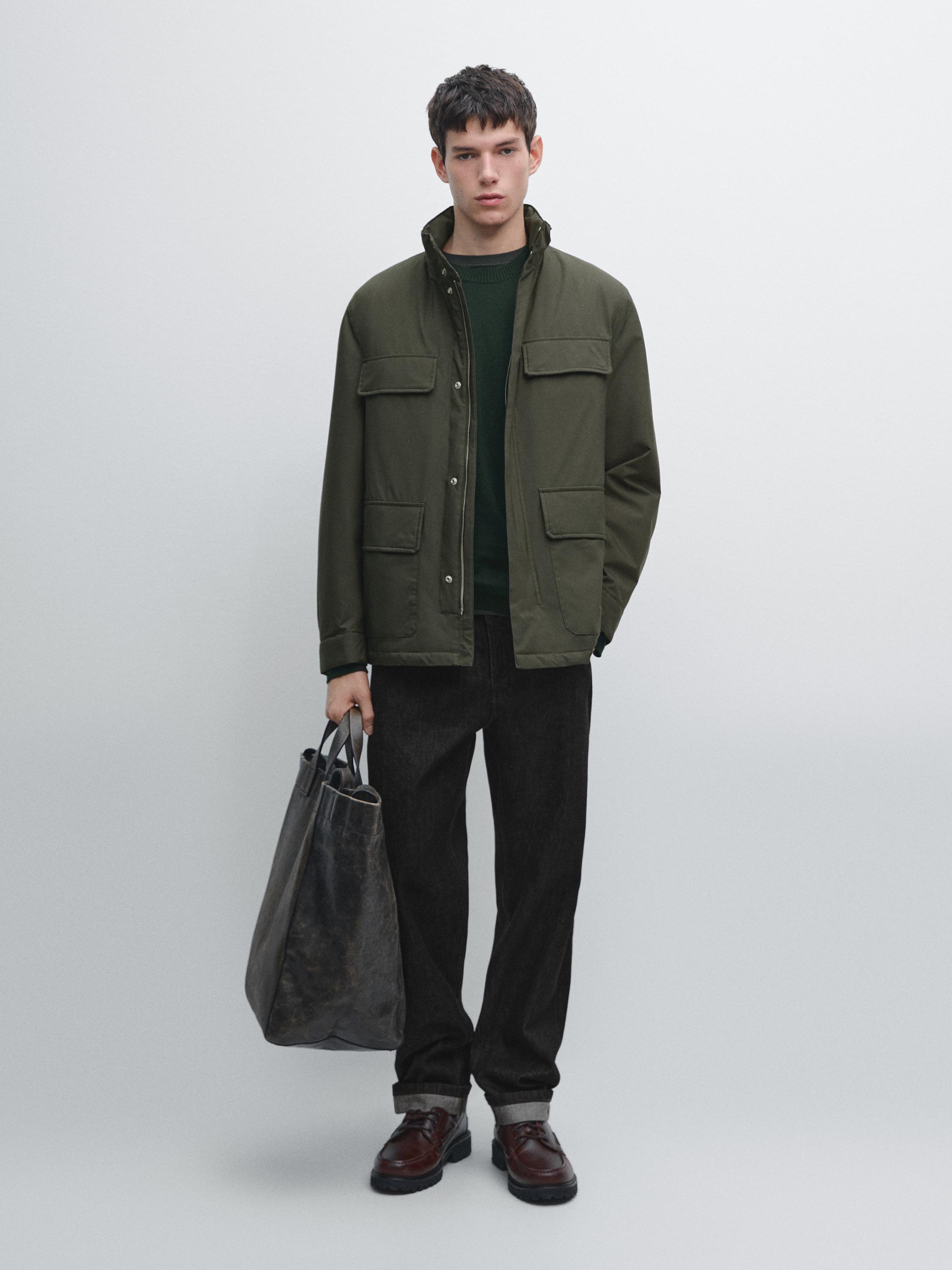 Water-repellent puffer jacket with pockets — BROWN