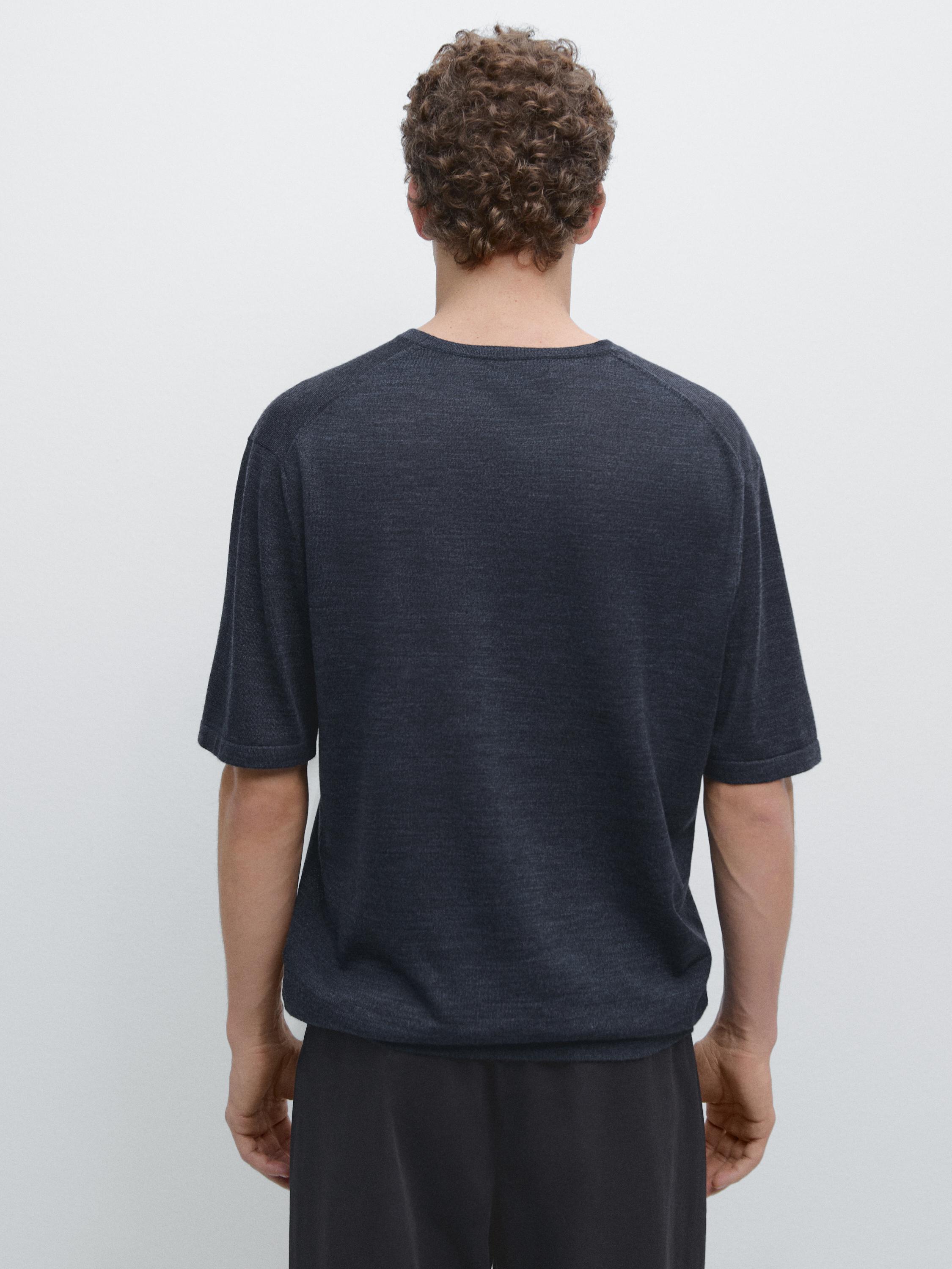 Wool-blend short-sleeve knit sweater — DARK NAVY