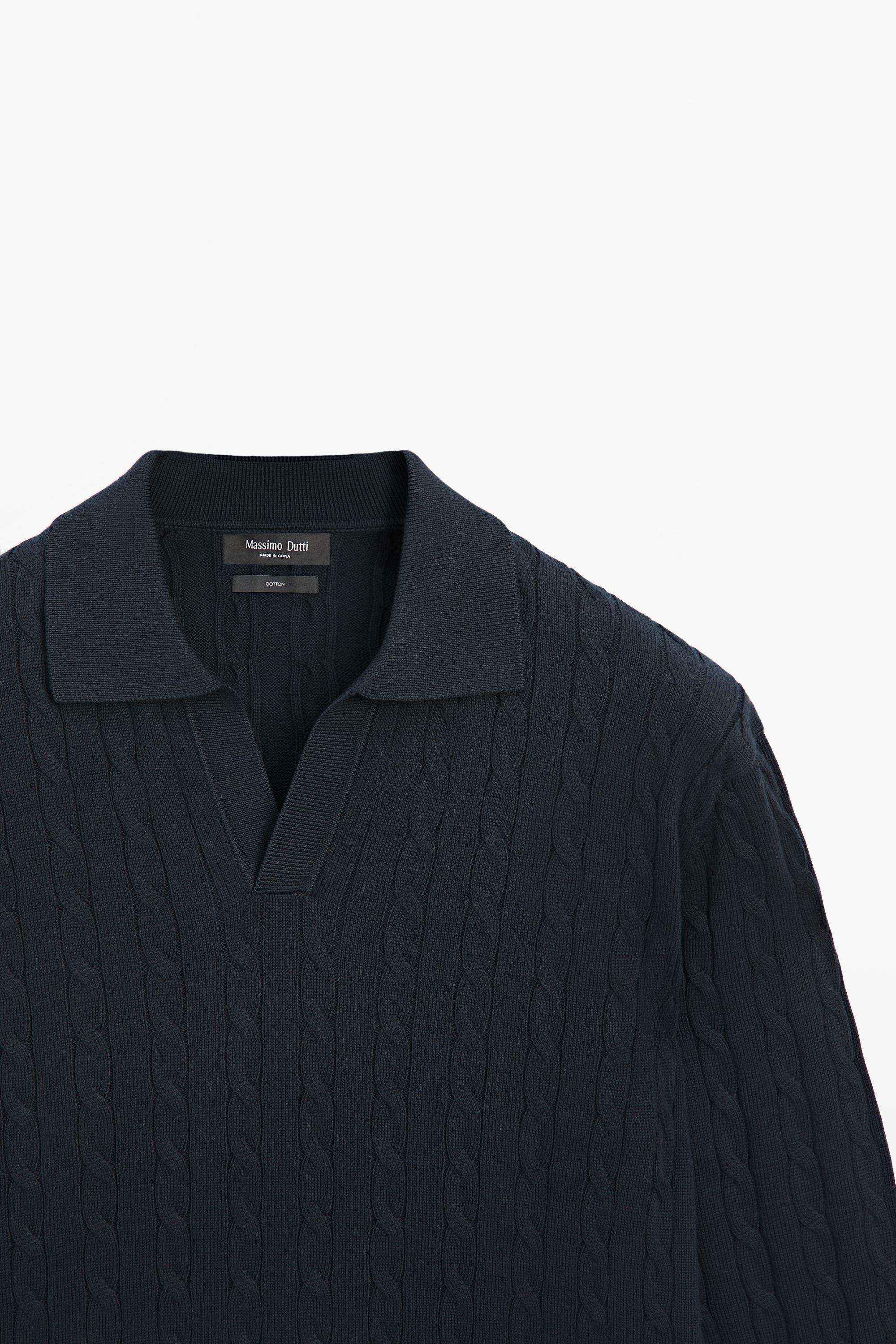 100% Cotton Cable-Knit Polo Sweater — NAVY BLUE