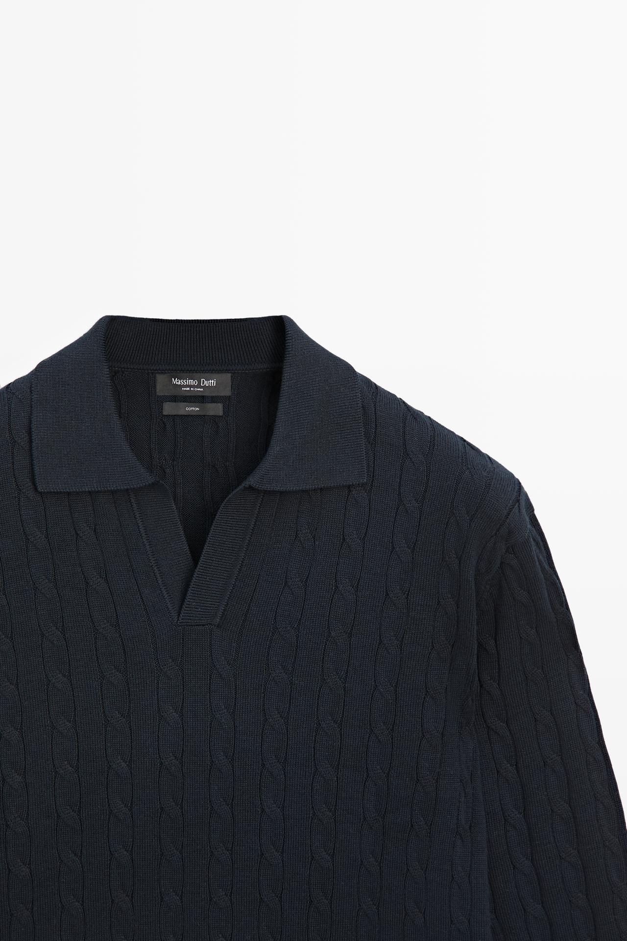 100% Cotton Cable-Knit Polo Sweater — NAVY BLUE