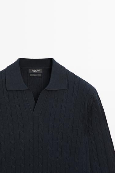 100% Cotton Cable-Knit Polo Sweater — NAVY BLUE 4
