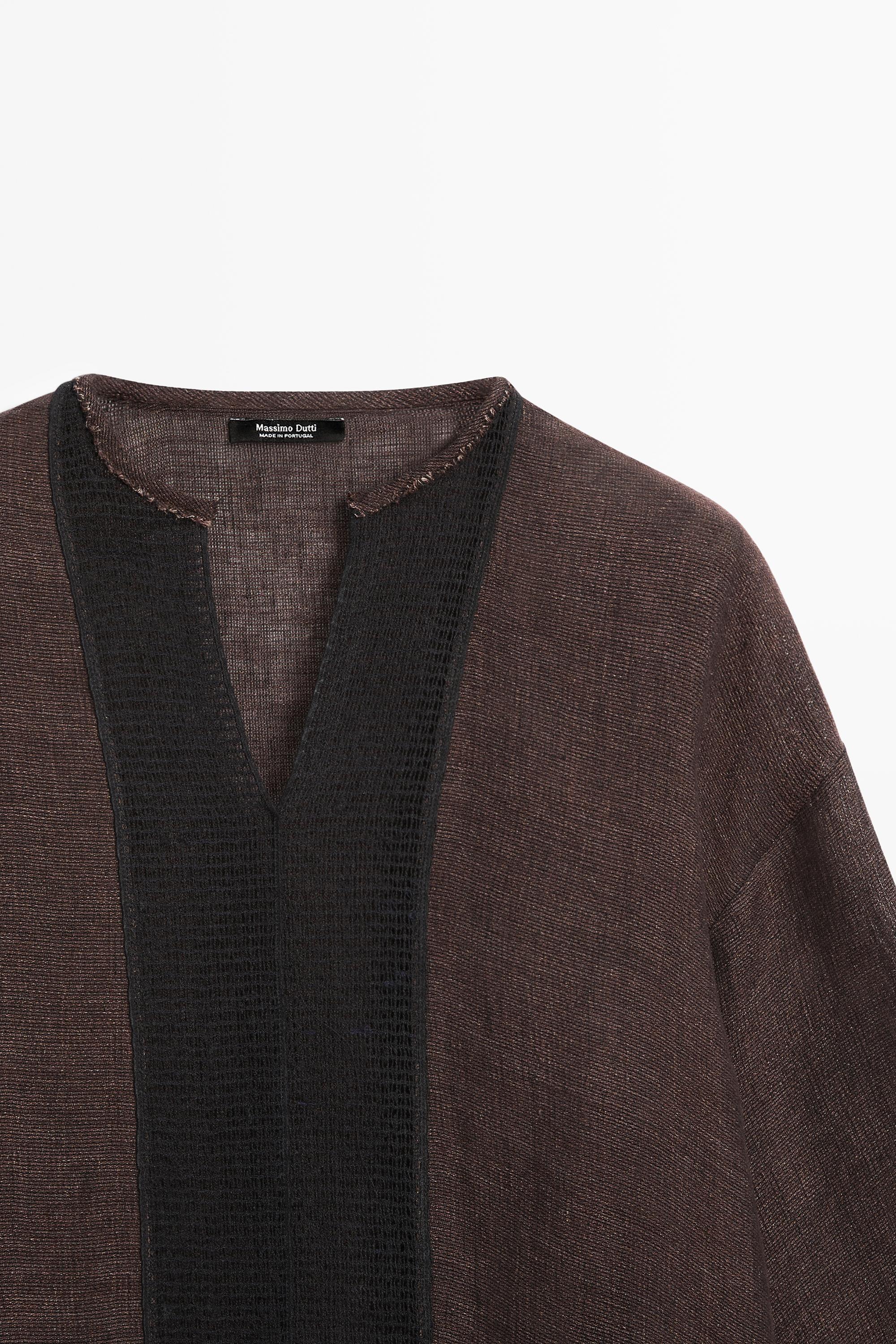 Flowing oversize linen blend blouse with lace trim — BROWN MARL