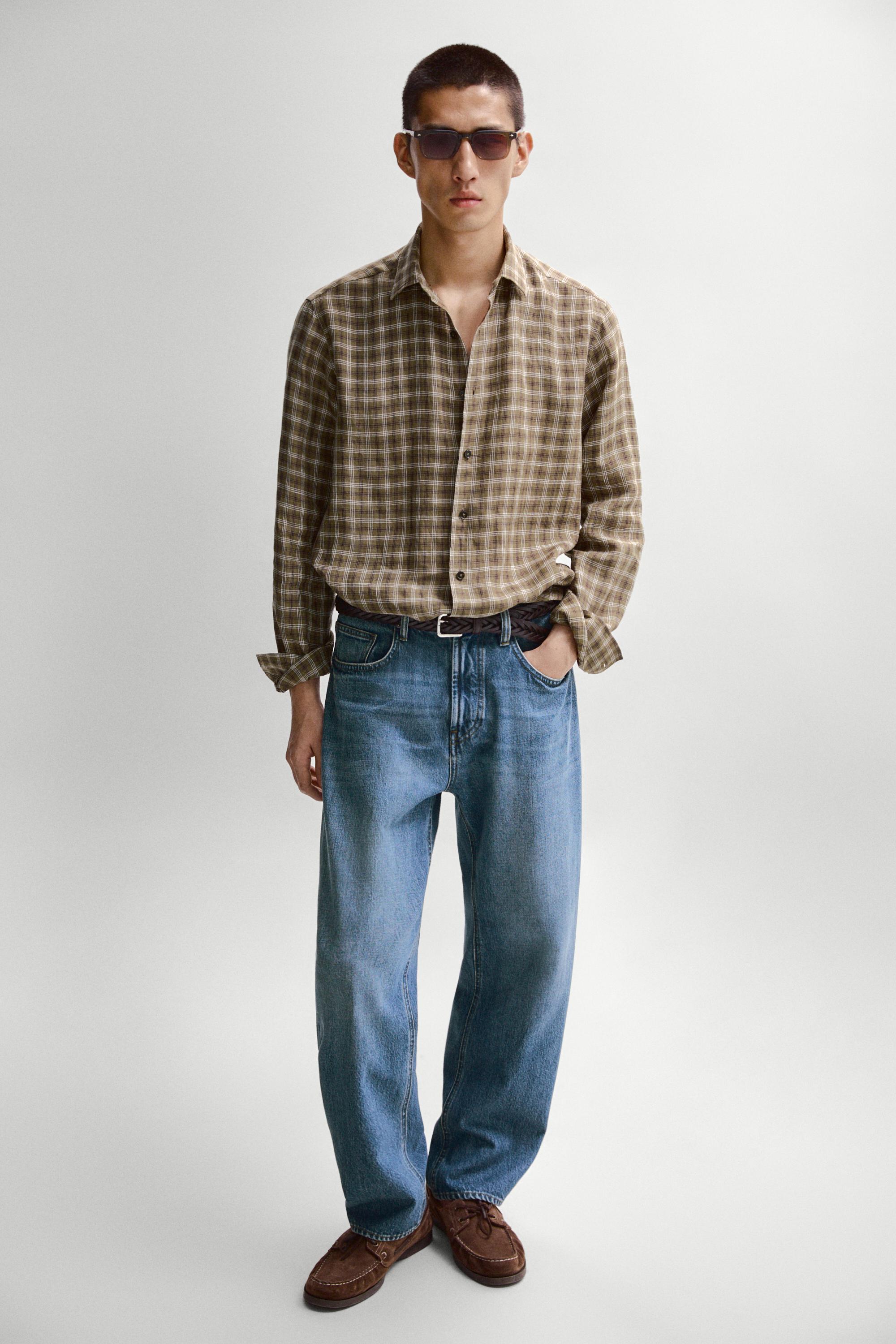 100% linen regular fit check shirt — BROWN MARL