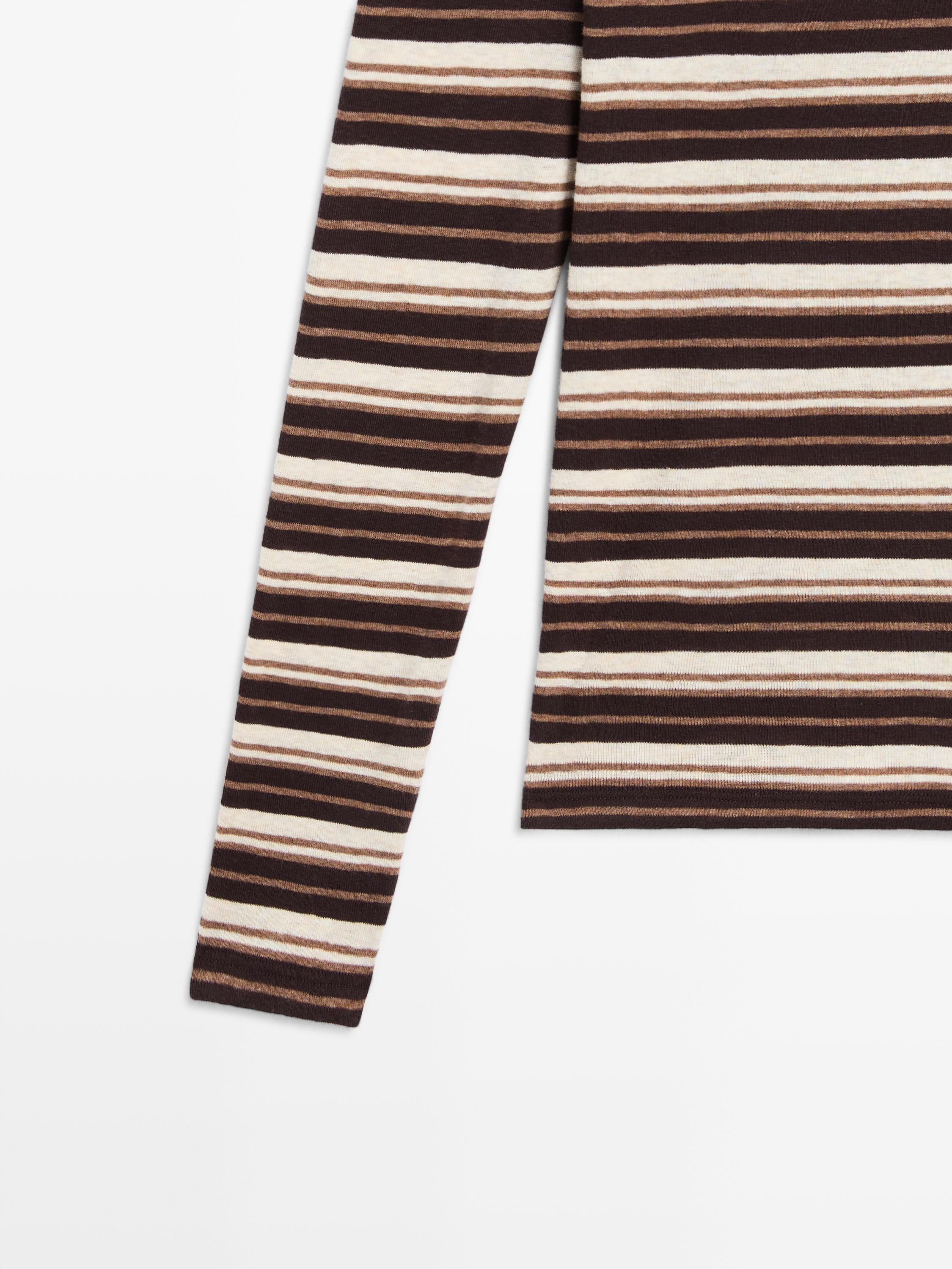 Cotton blend striped long sleeve T-shirt — BROWN