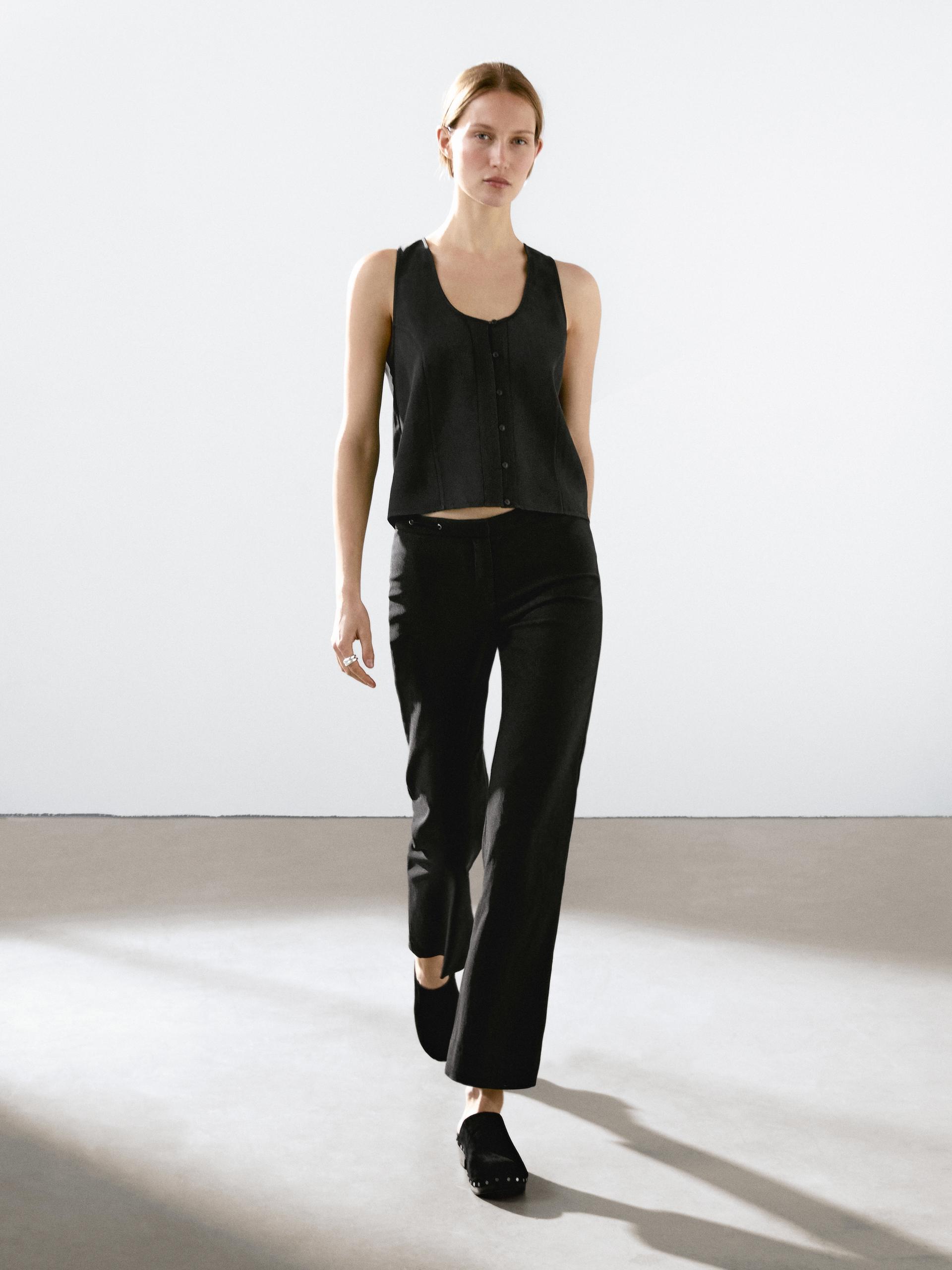 Pantalon Flare Taille Fantaisie - Noir - 38 - Massimo Dutti - Femme