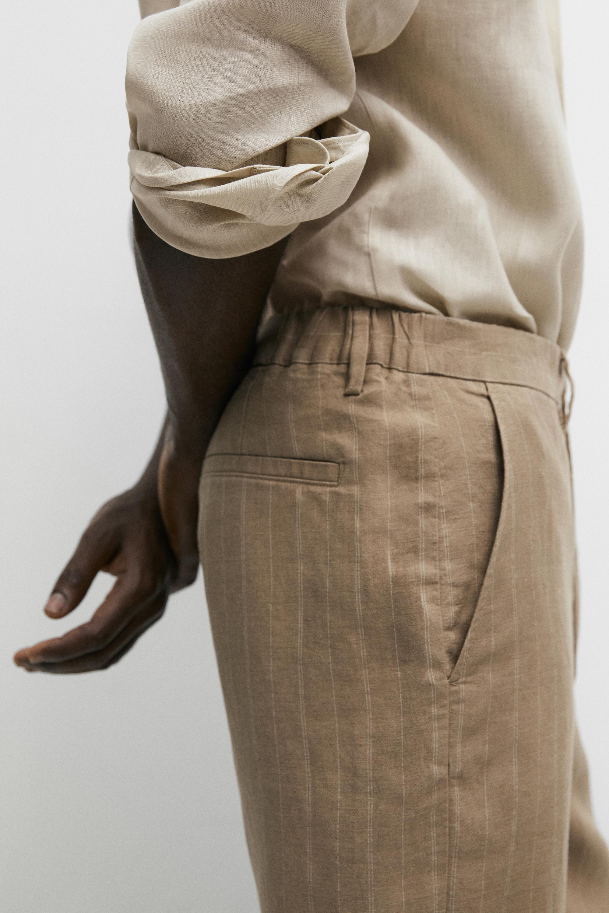 100% linen striped pants — BEIGE