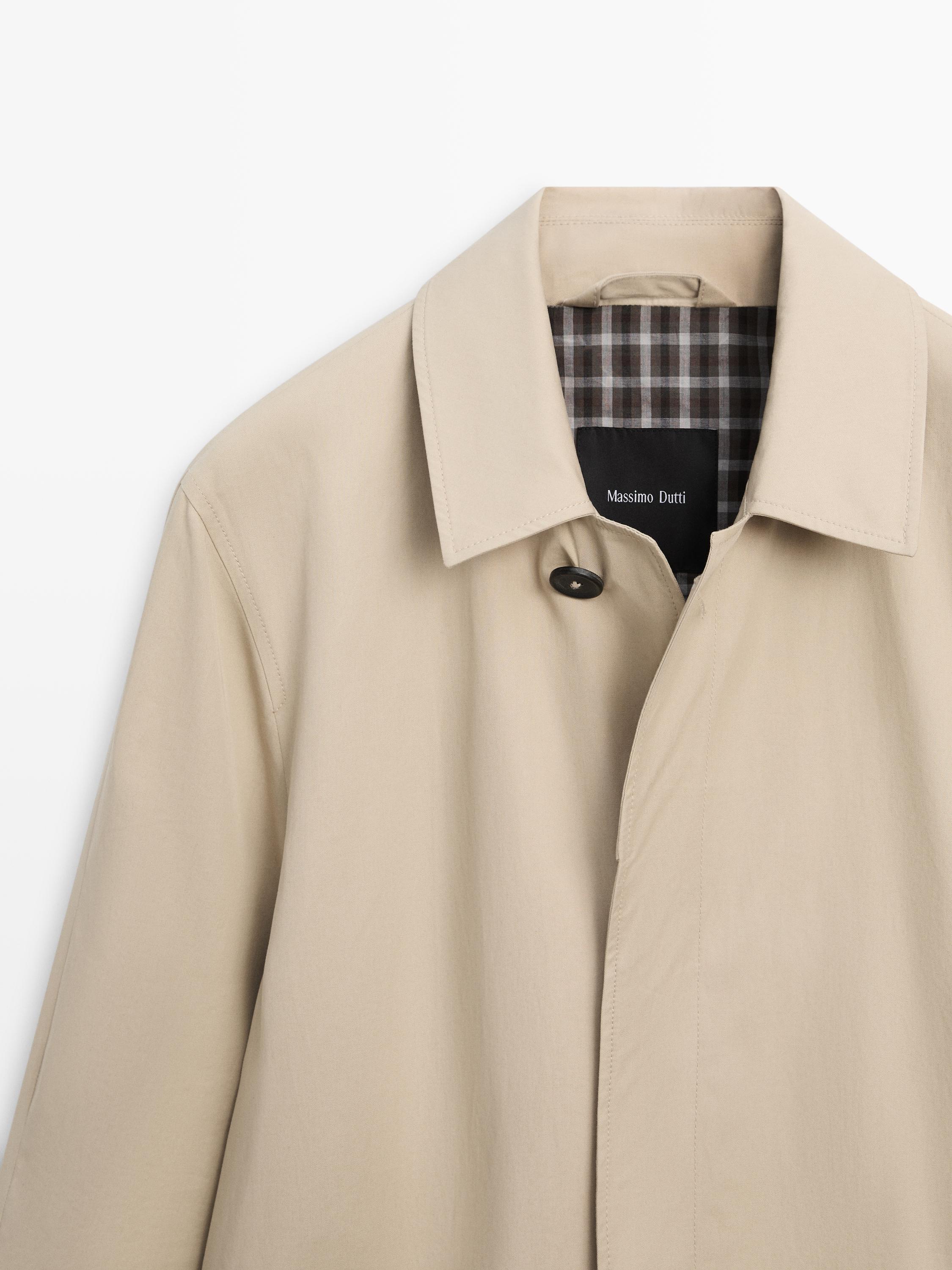 Check cotton trench coat with interior detail — BEIGE