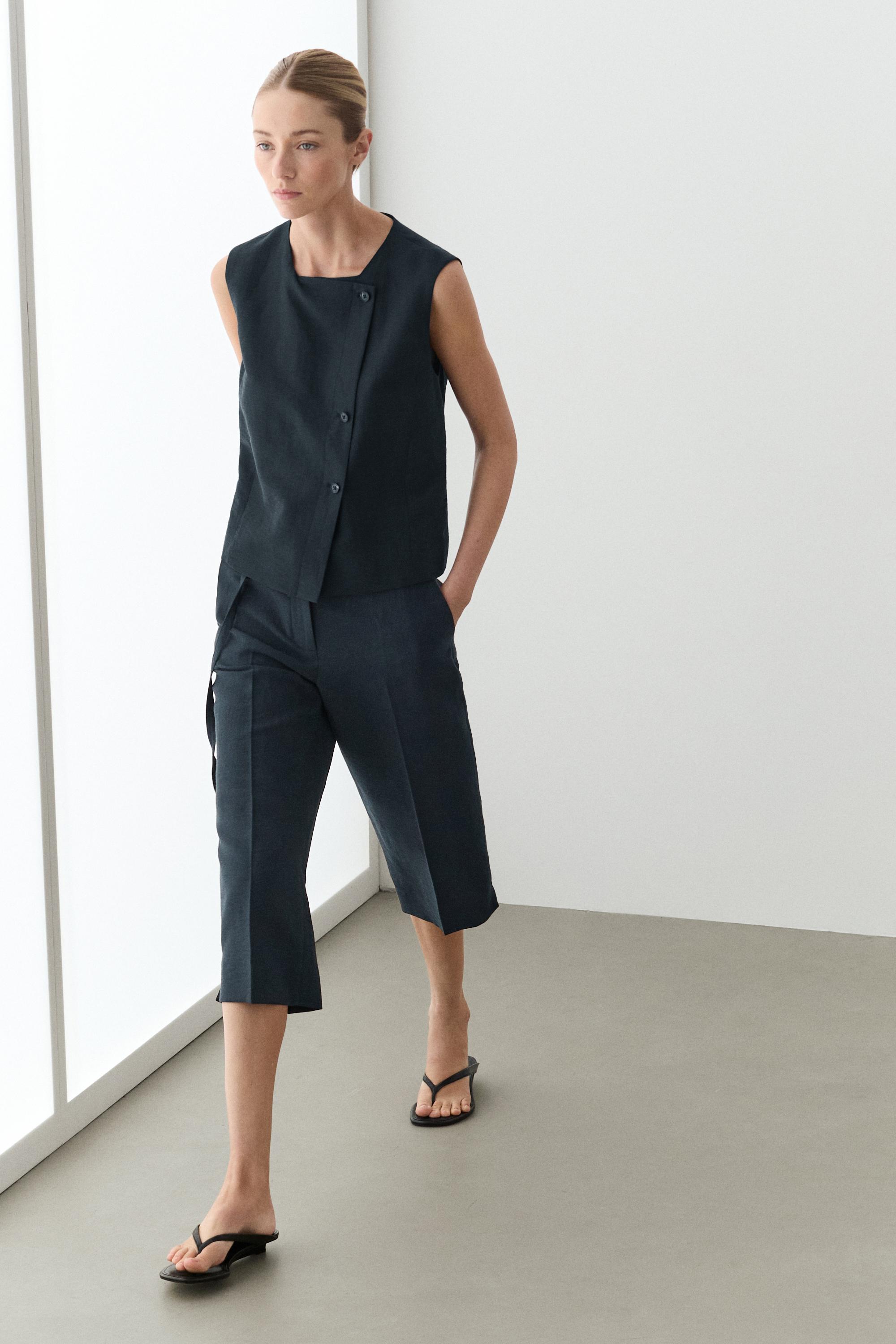 Linen asymmetric buttoned vest — NAVY BLUE