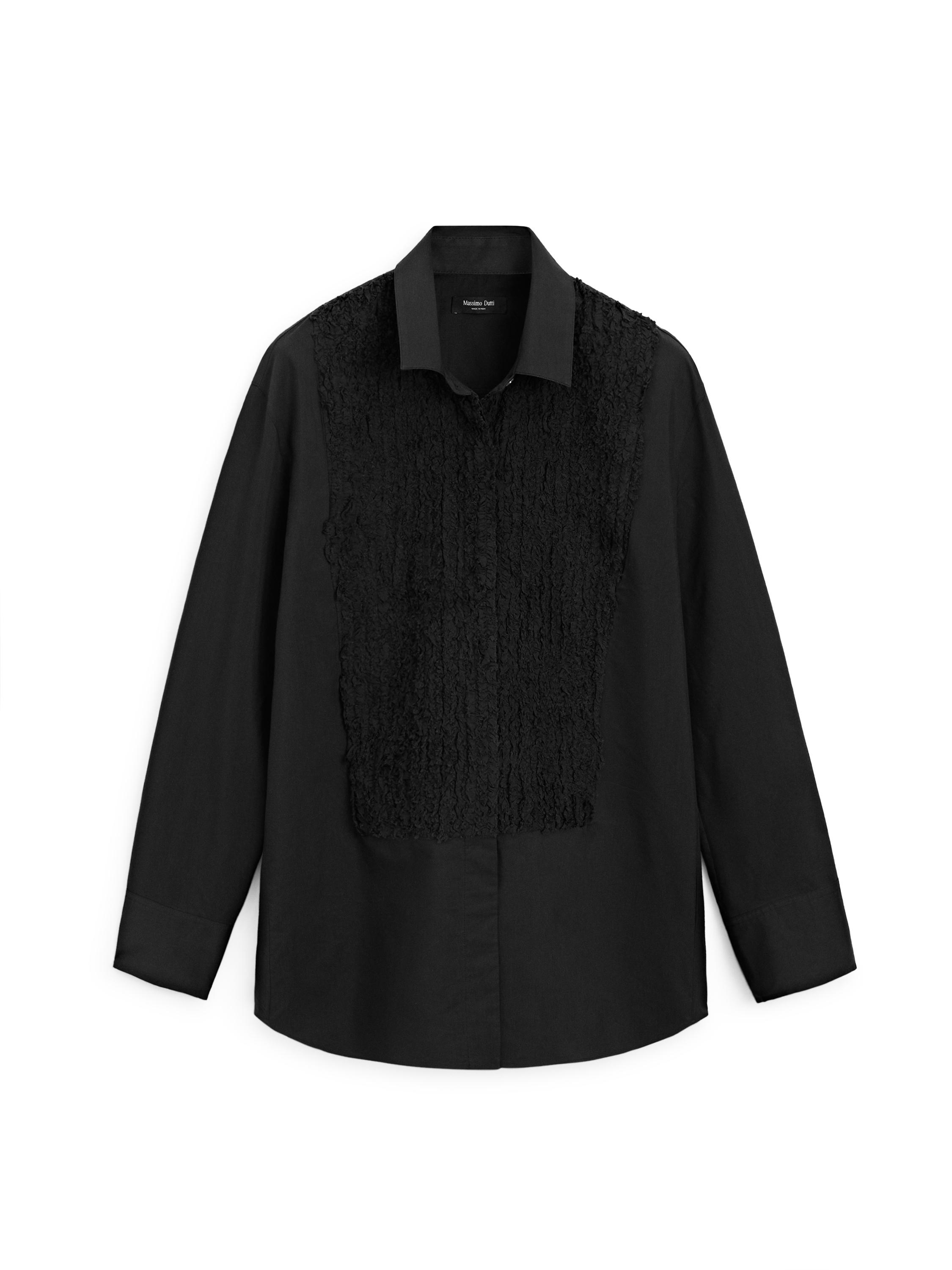Bib front shirt with embroidered detail — BLACK