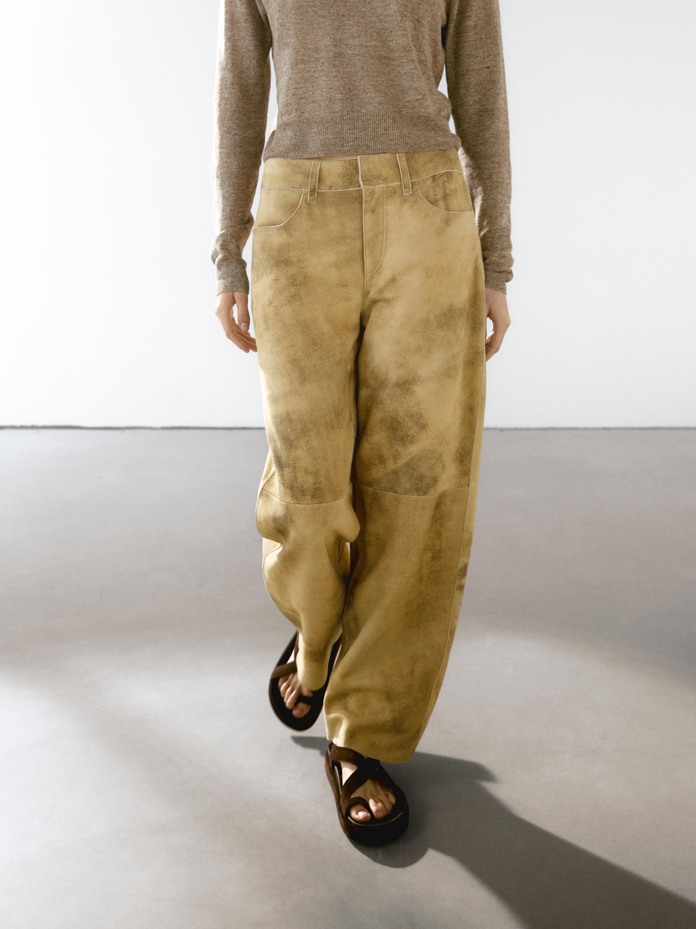 Worn effect suede leather trousers